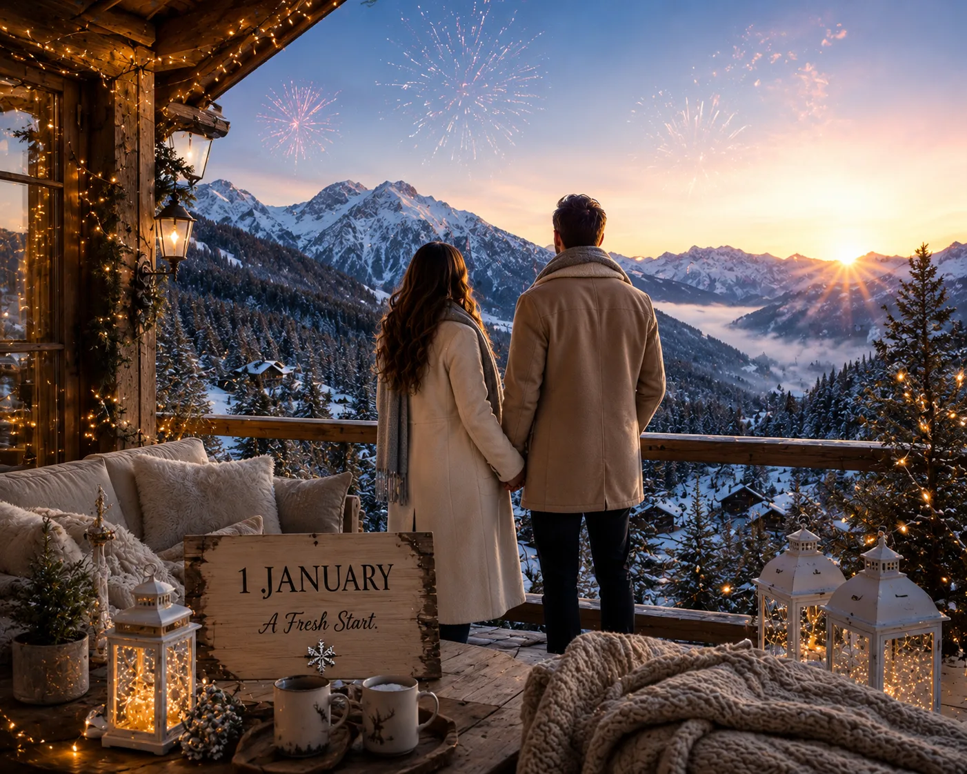 Couple enjoying a peaceful 1st January sunrise in the mountains