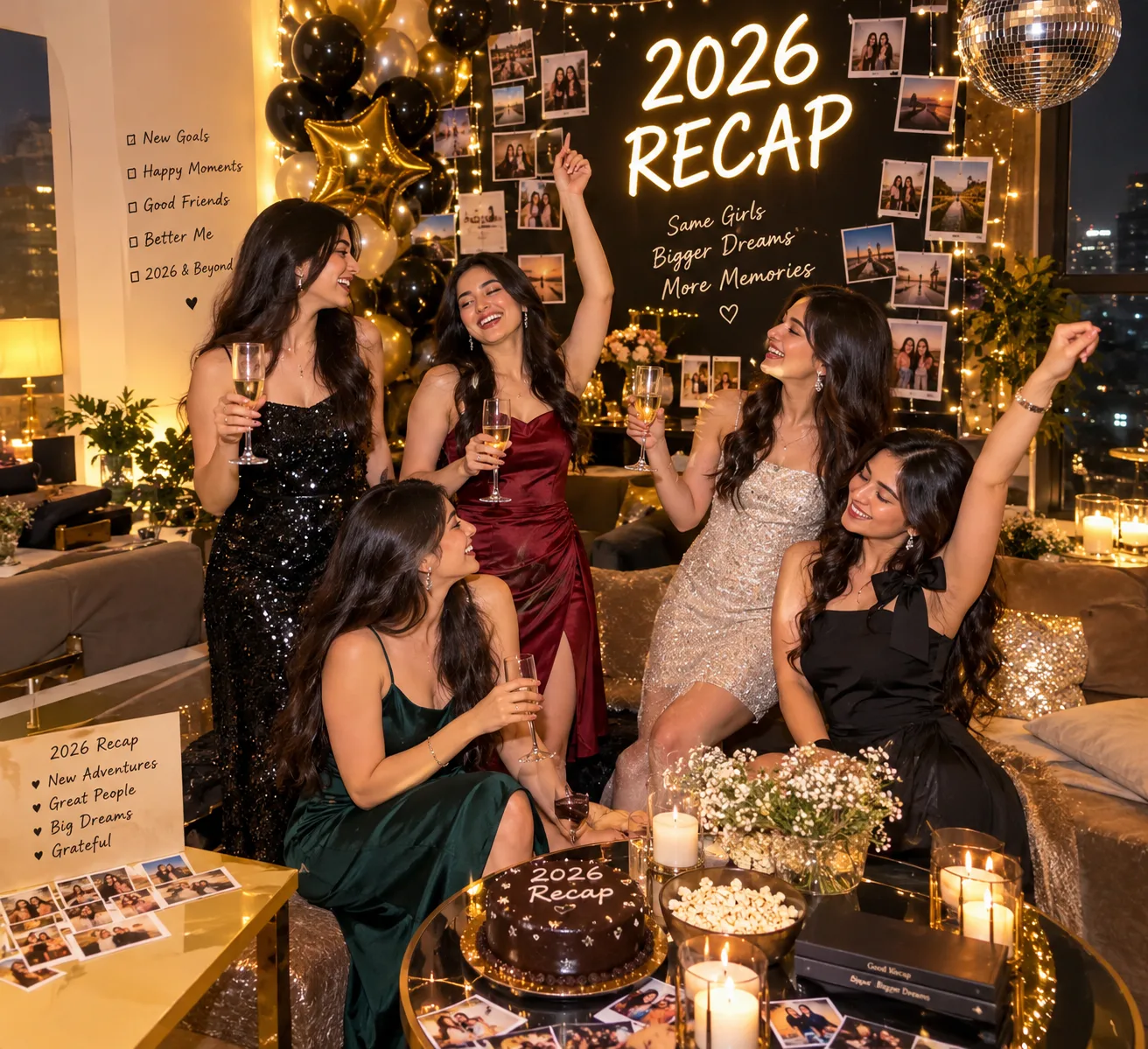 Girls celebrating at a glamorous 2026 year recap party.