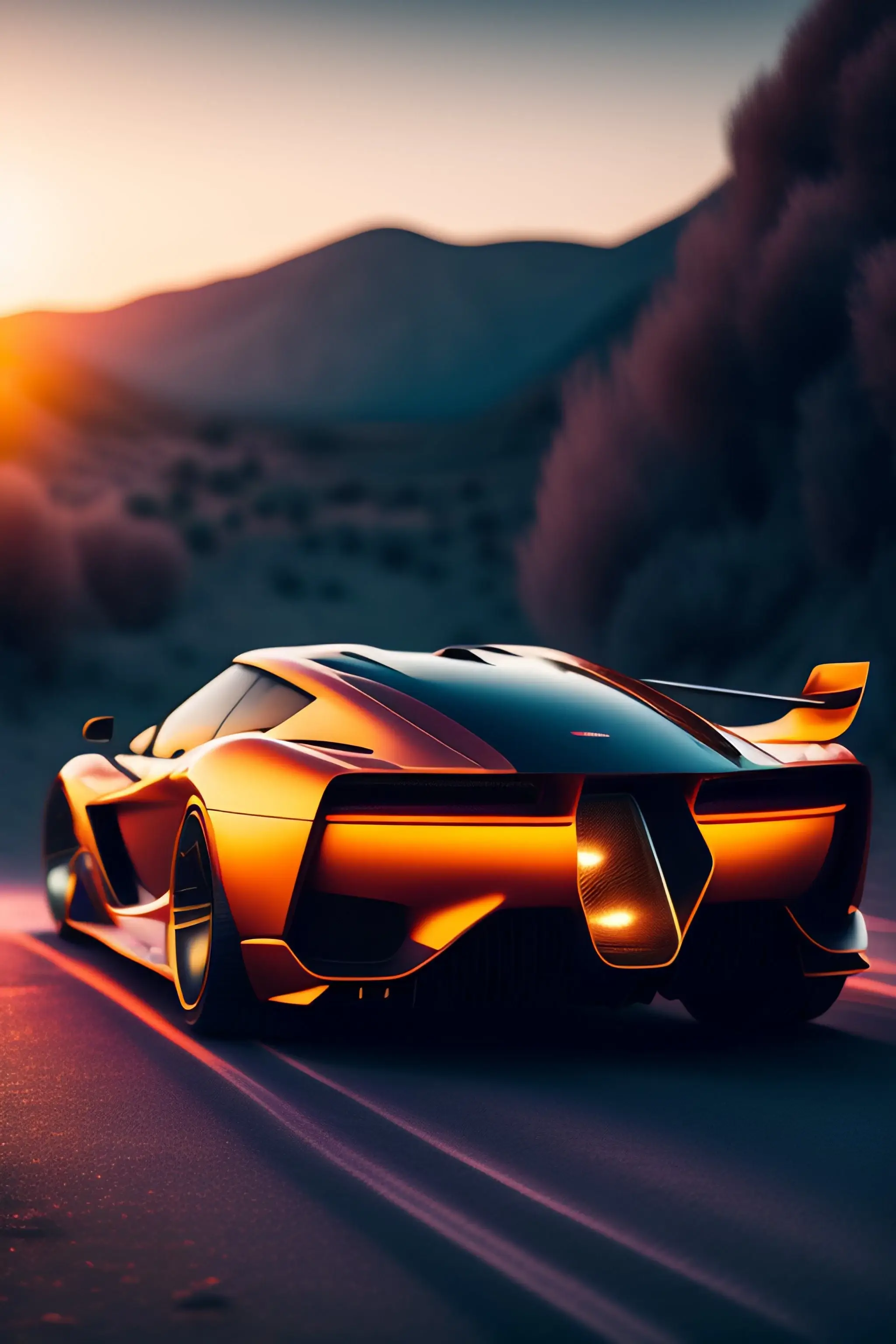 A car driving down a road at sunset