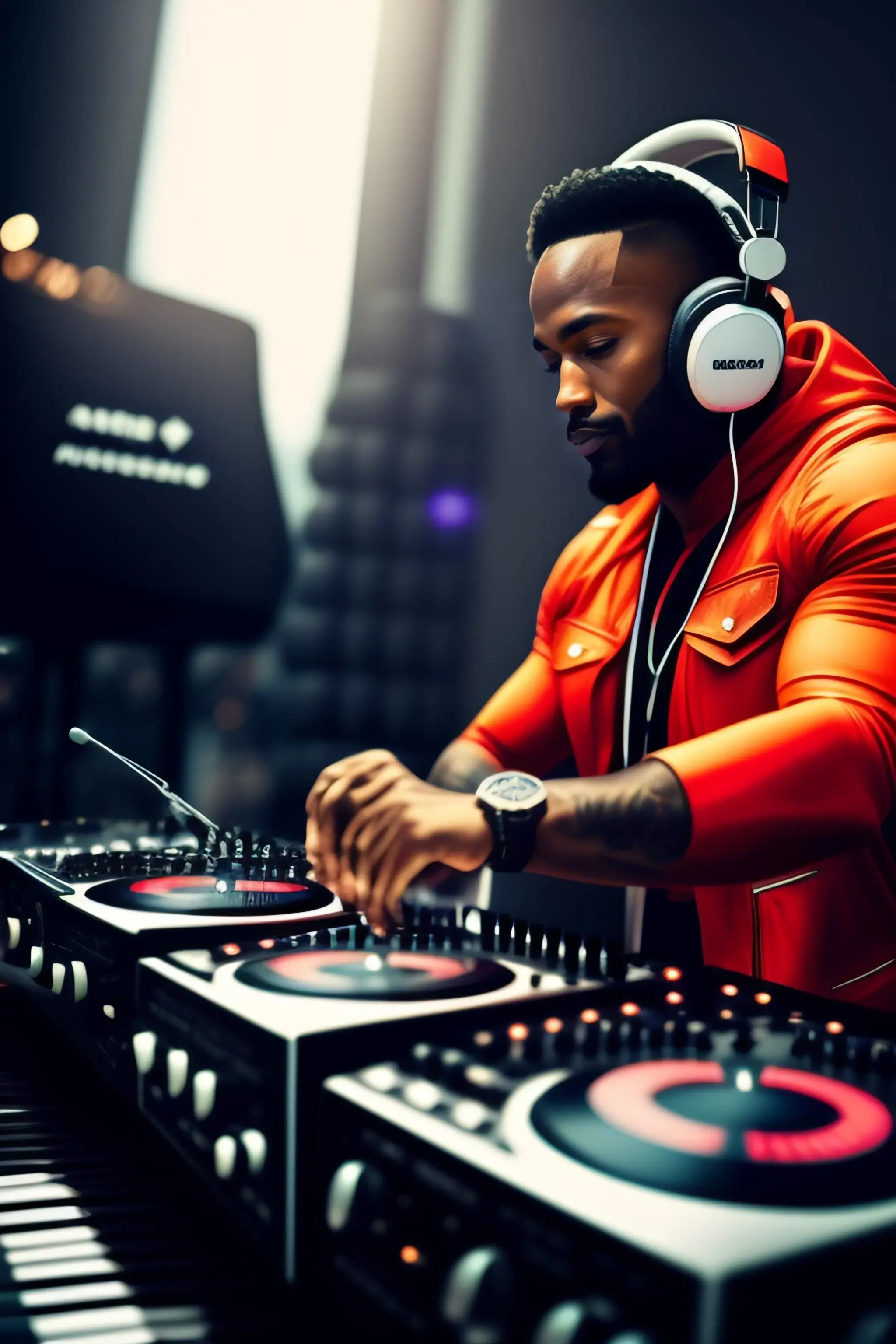 A man in headphones playing music on a mixer