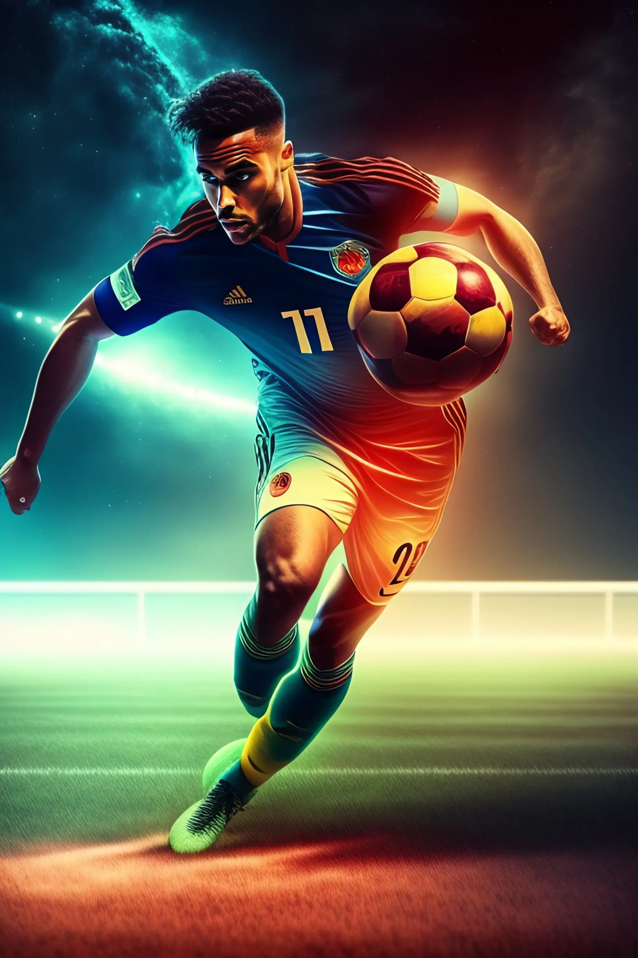 A soccer player running with the ball