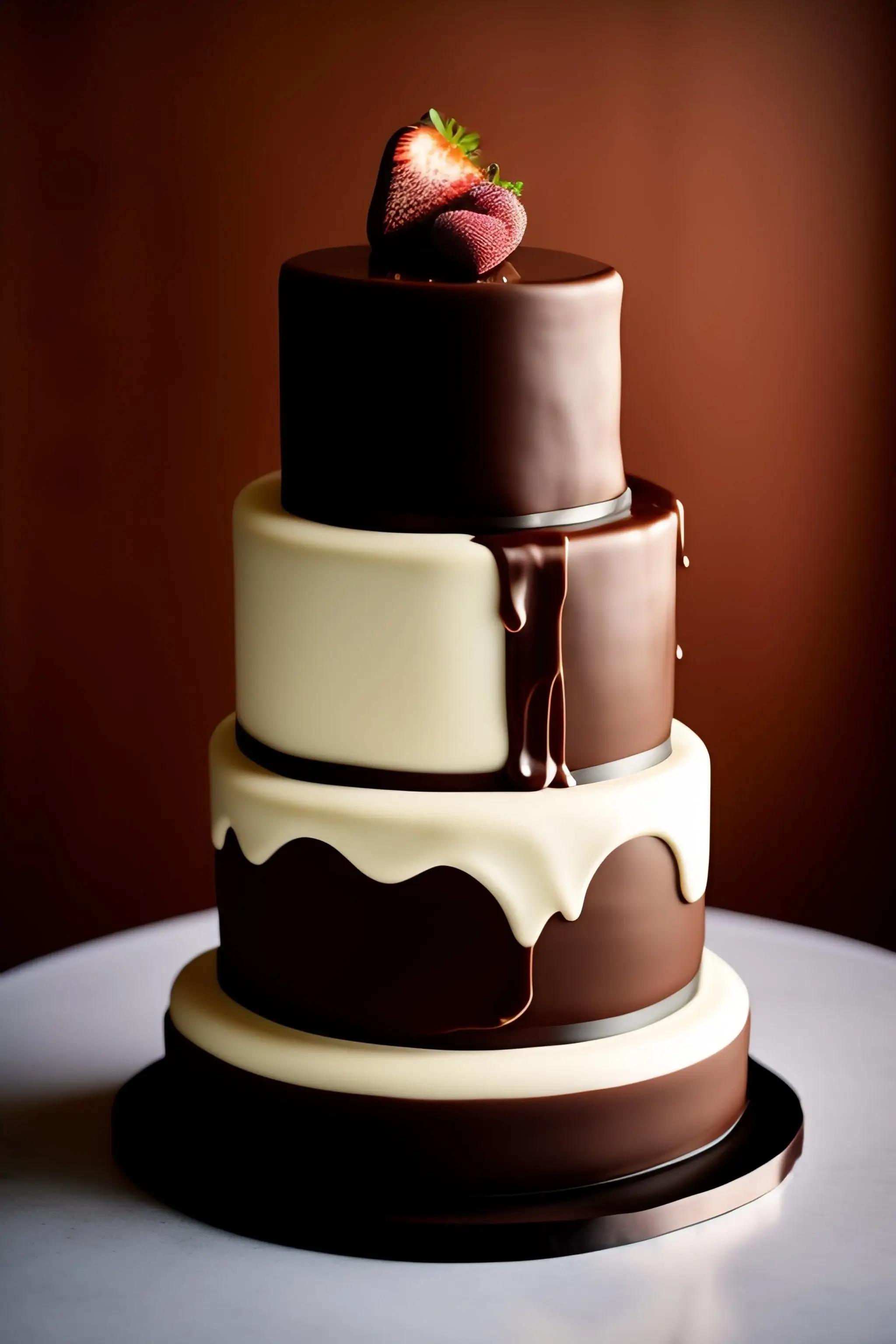 A three tier cake with a strawberry on top