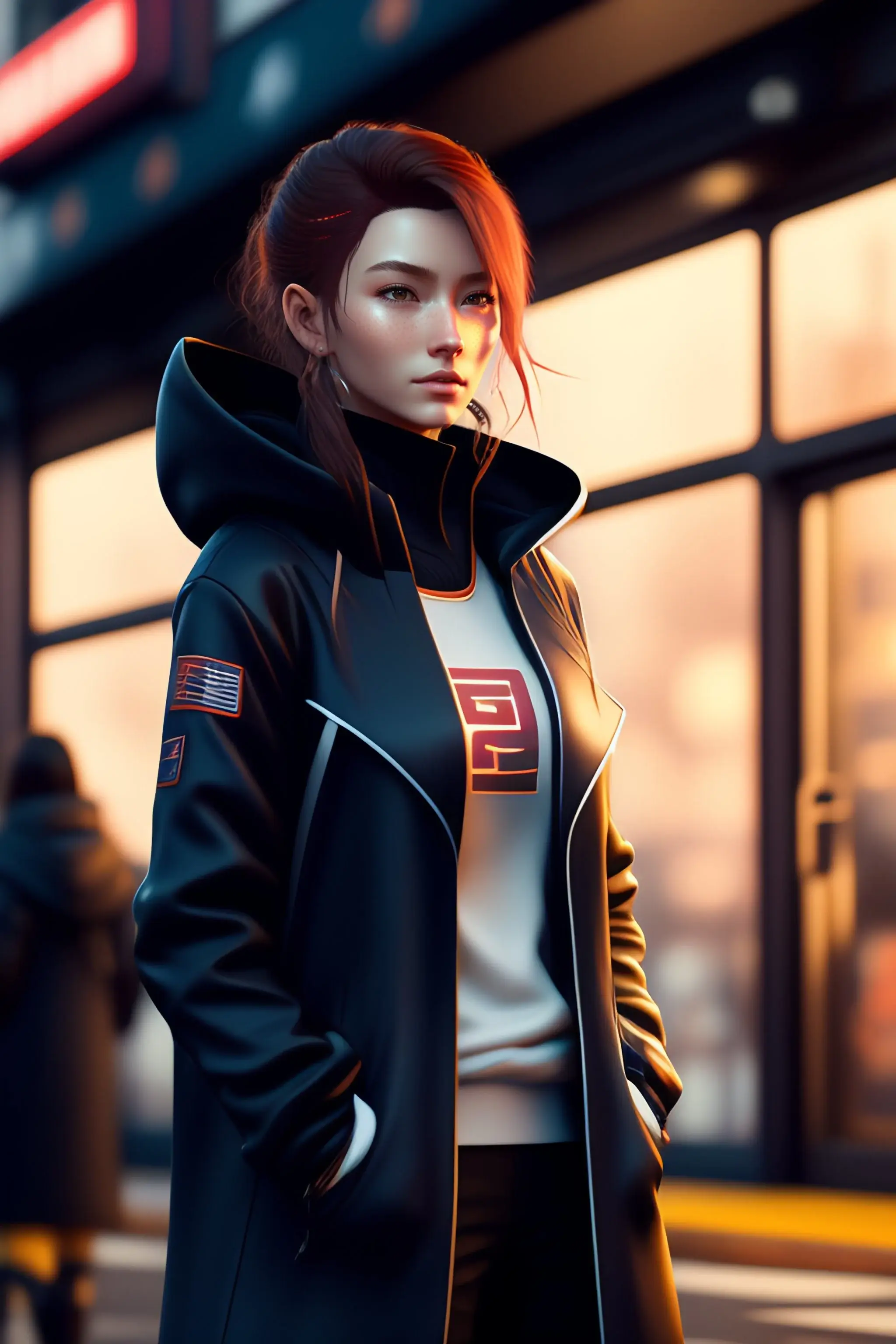 A girl in a black coat and white shirt