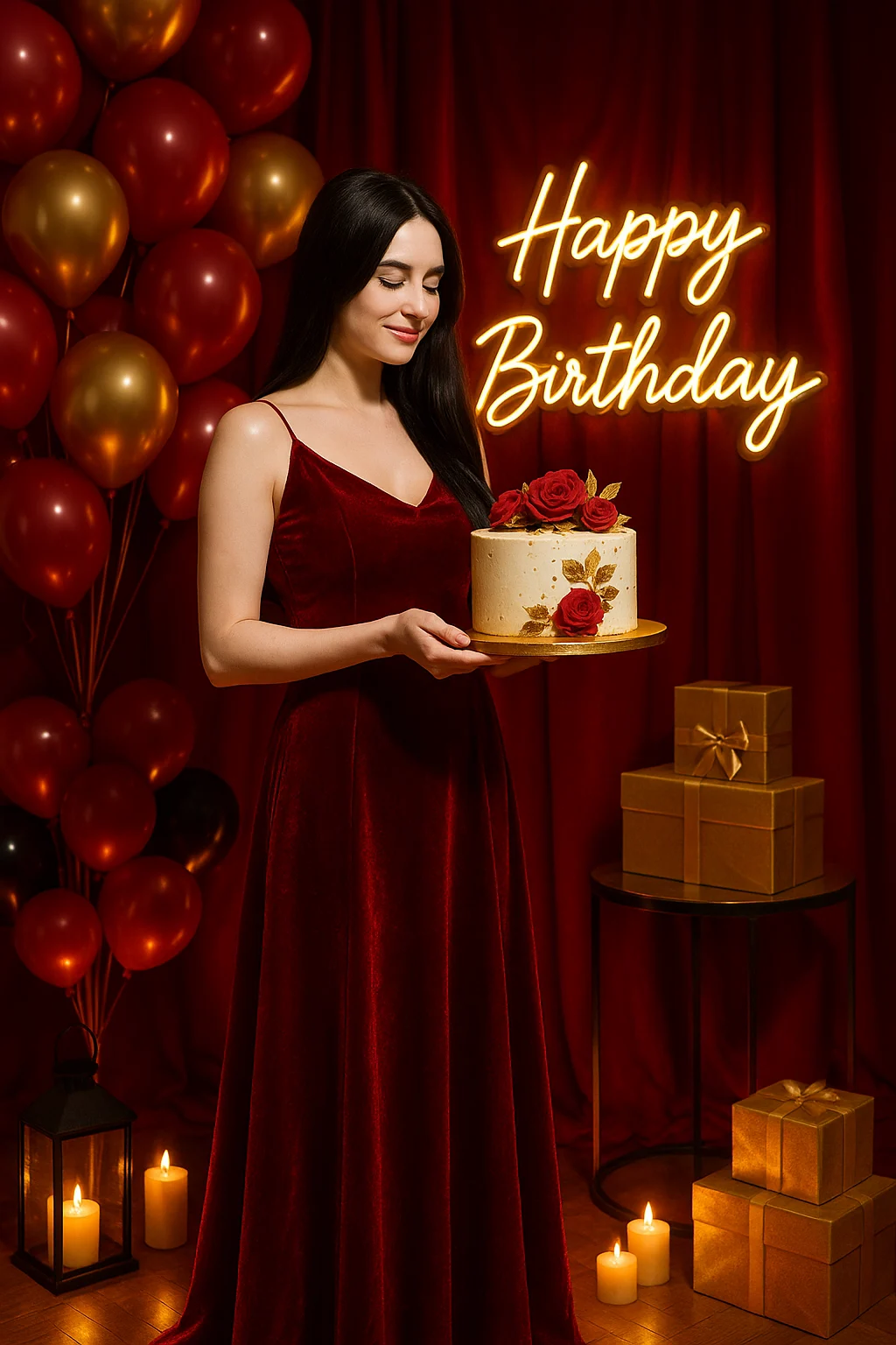 a woman in a red dress holding a cake