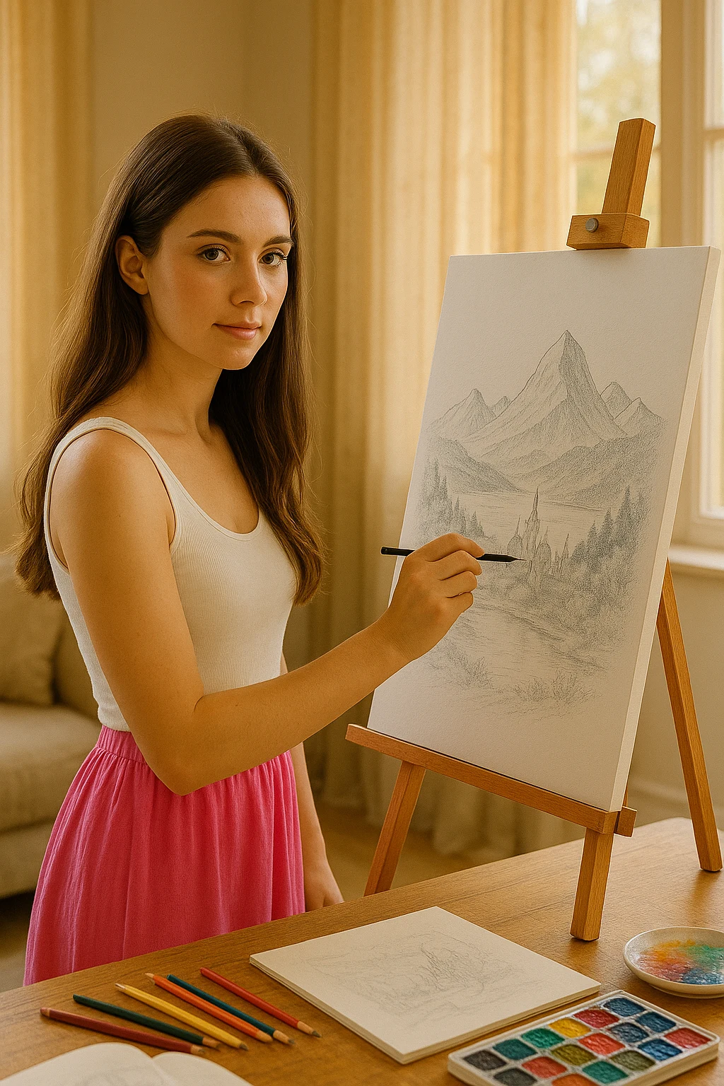 Girl sketching a landscape on canvas in art studio