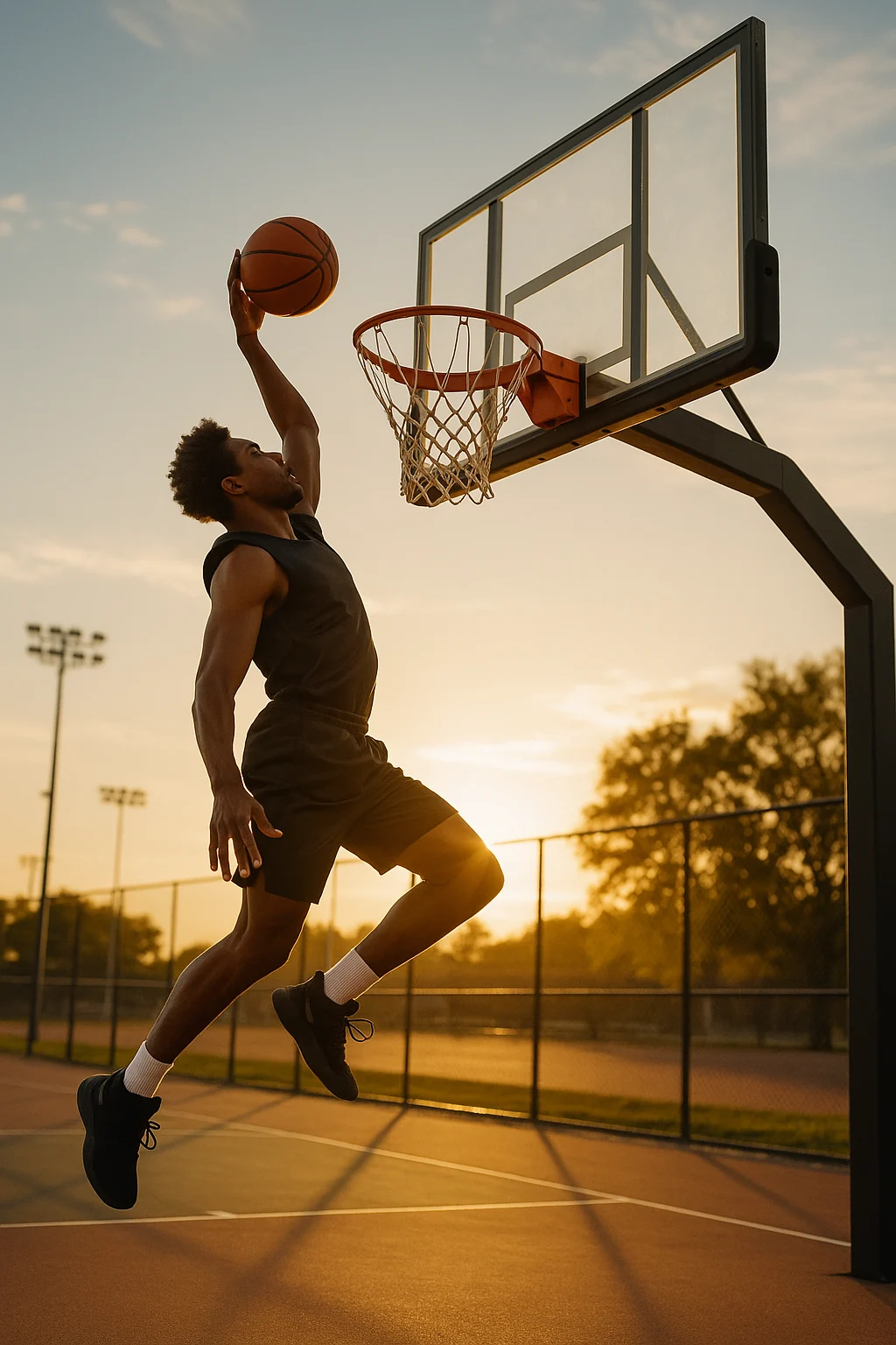 Basketball player dunking at sunset on outdoor court.