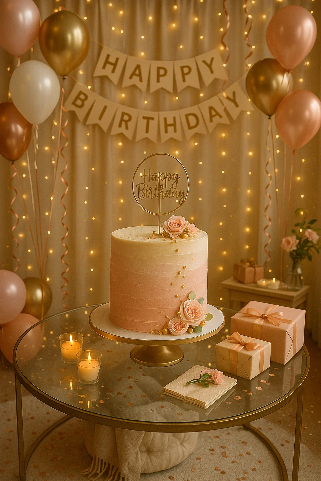 Large birthday cake on glass table with festive decorations all around