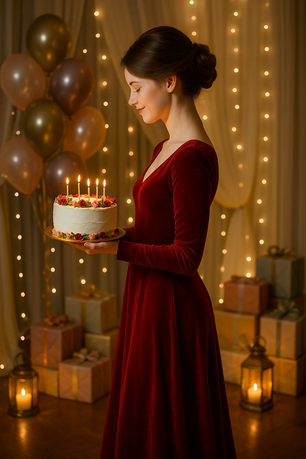 birthday girl red velvet dress indoor celebration cake gifts