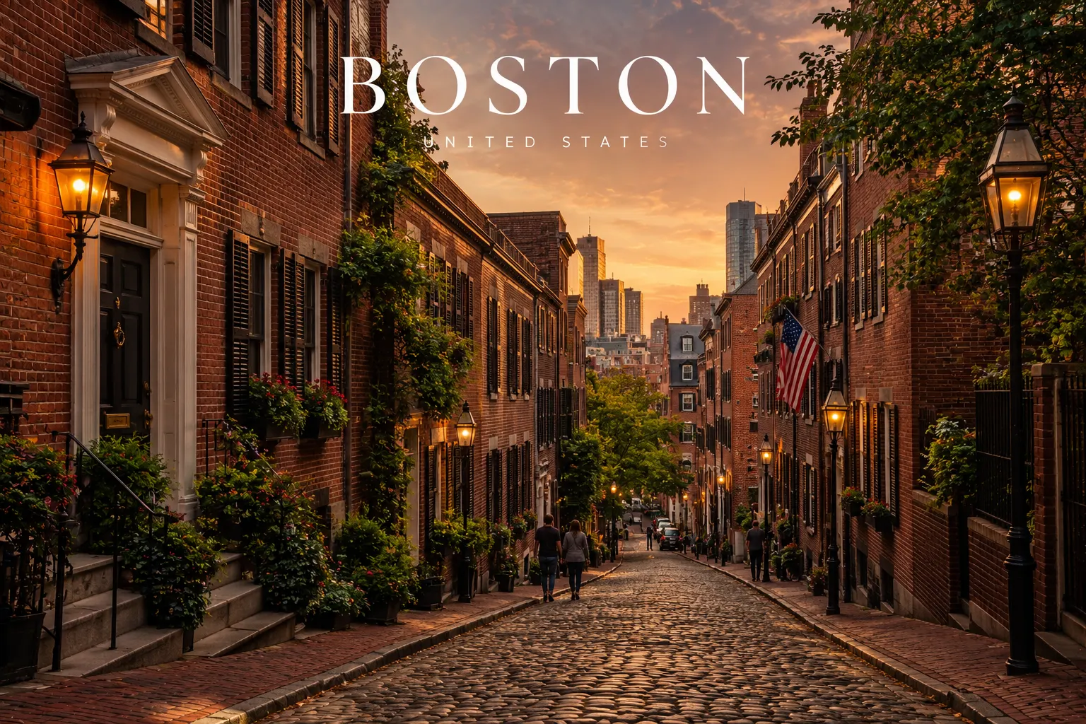 Boston Beacon Hill Acorn Street with historic brownstone buildings and cobblestone street