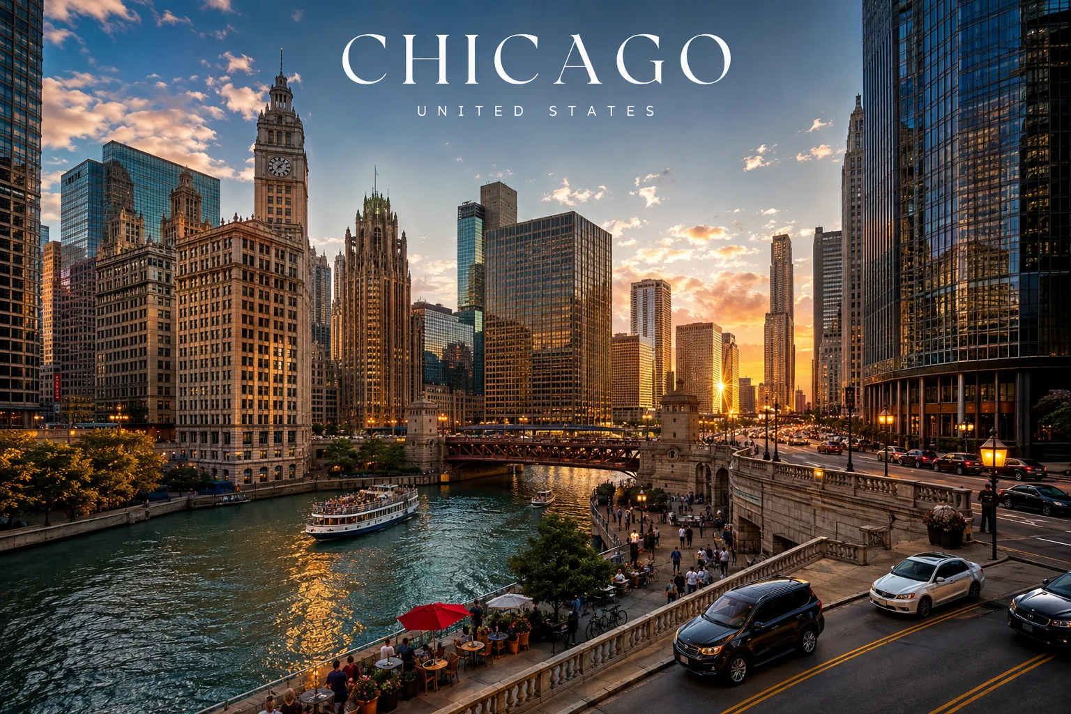 Chicago Riverwalk, DuSable Bridge and downtown Chicago skyline at golden hour