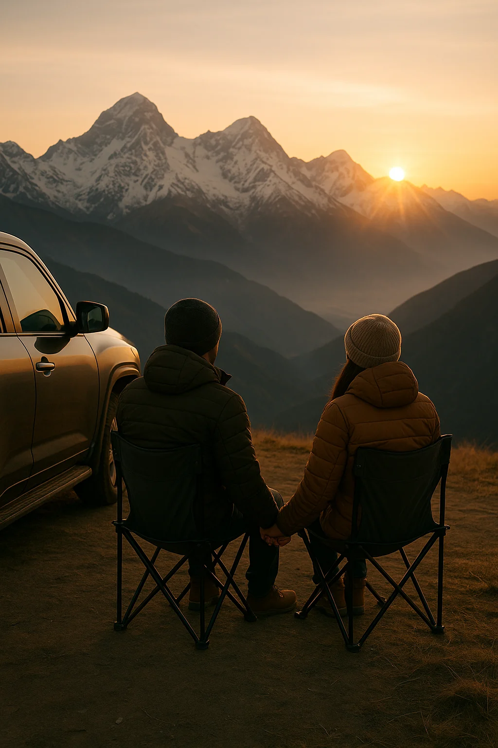 Two people sitting in chairs in front of a car and watching sunrise