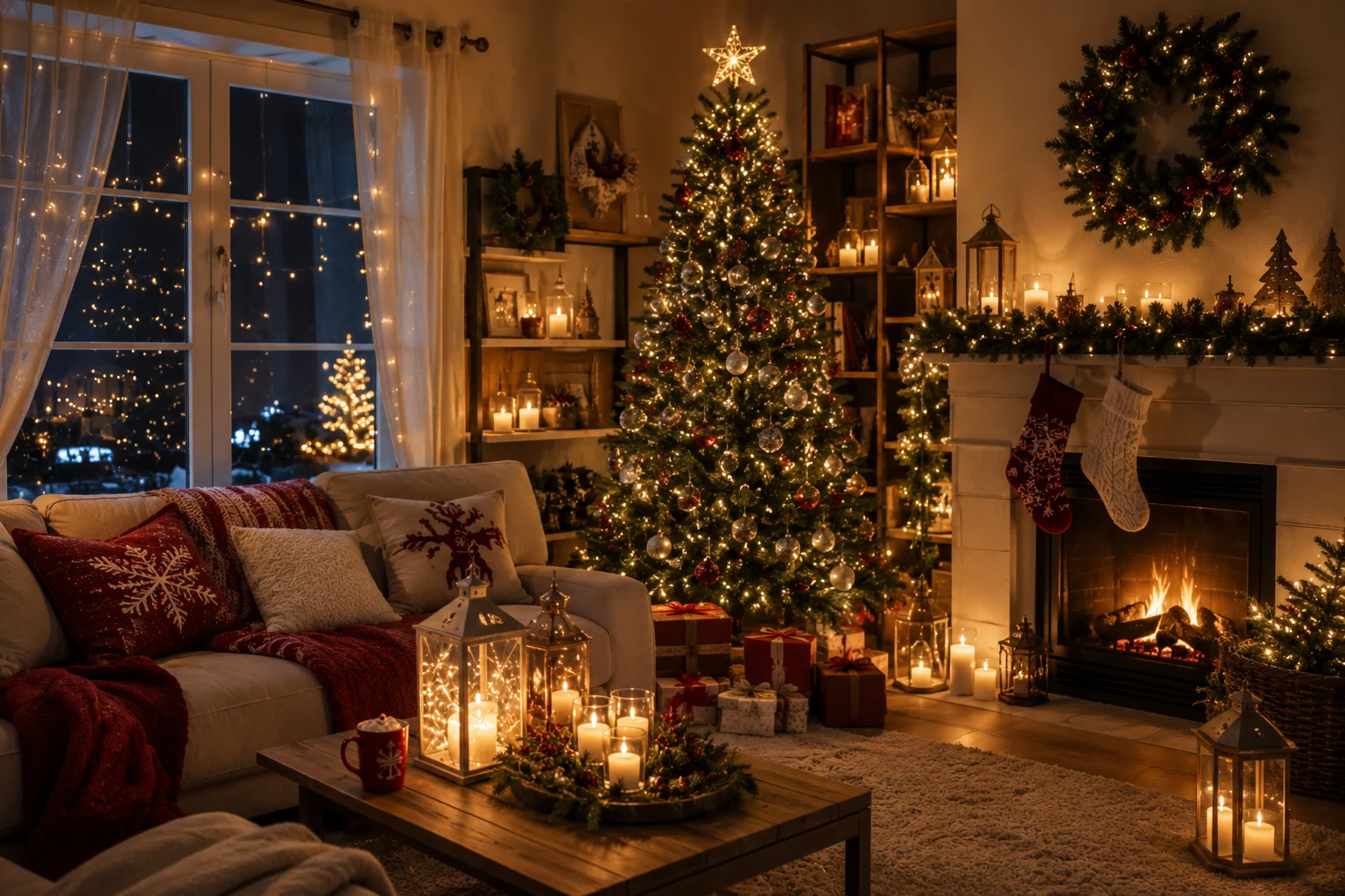 Cozy Christmas living room with tree and fireplace