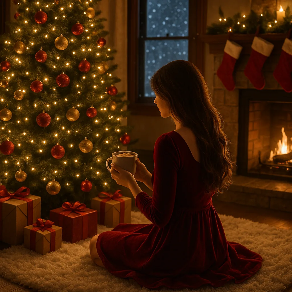 Woman in red dress by Christmas tree and fireplace