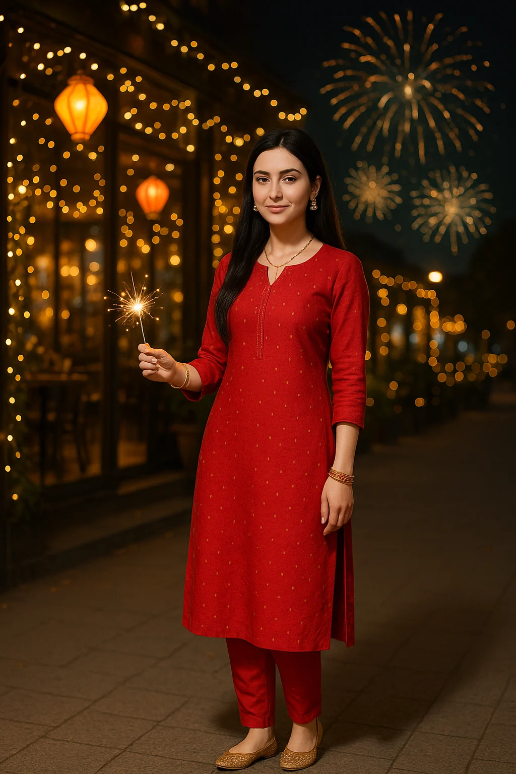 Woman in red kurti with sparkler on Diwali night