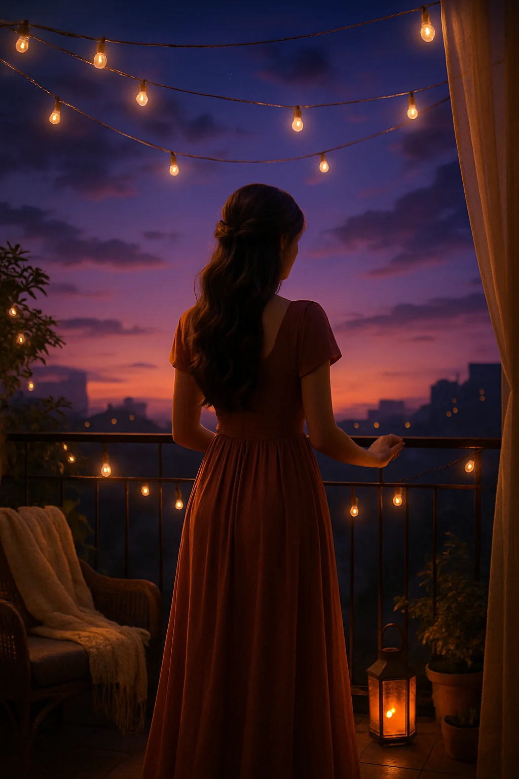 Girl standing on a balcony during sunset with fairy lights and a flowing dress, facing away