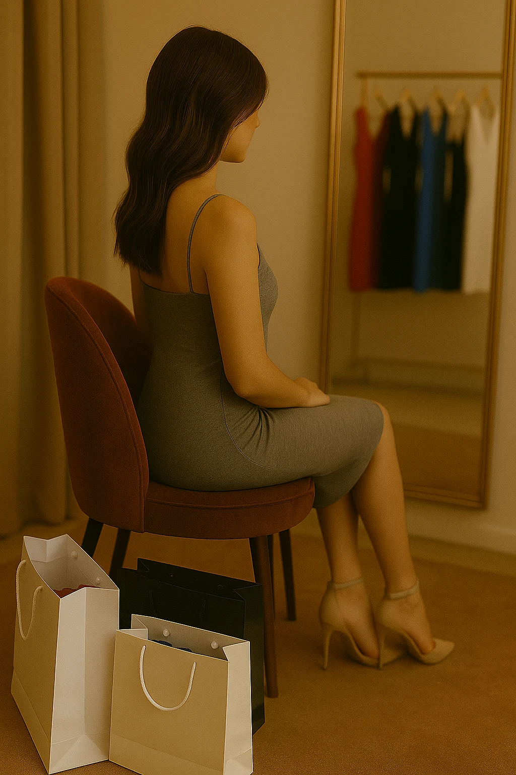 girl sitting on chair with long hair near mirror
