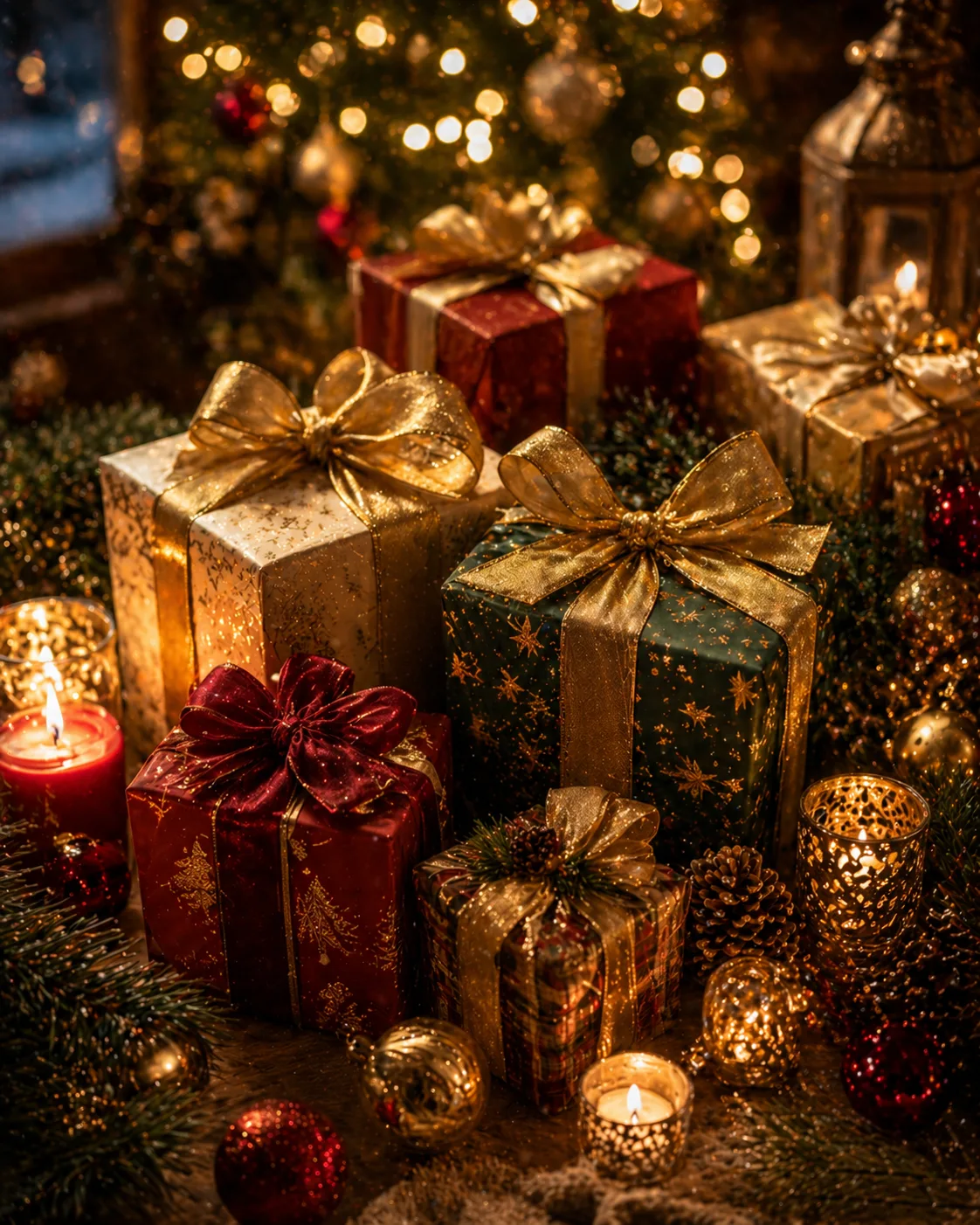 elegant christmas gift boxes with golden ribbons, candles, and festive holiday decorations