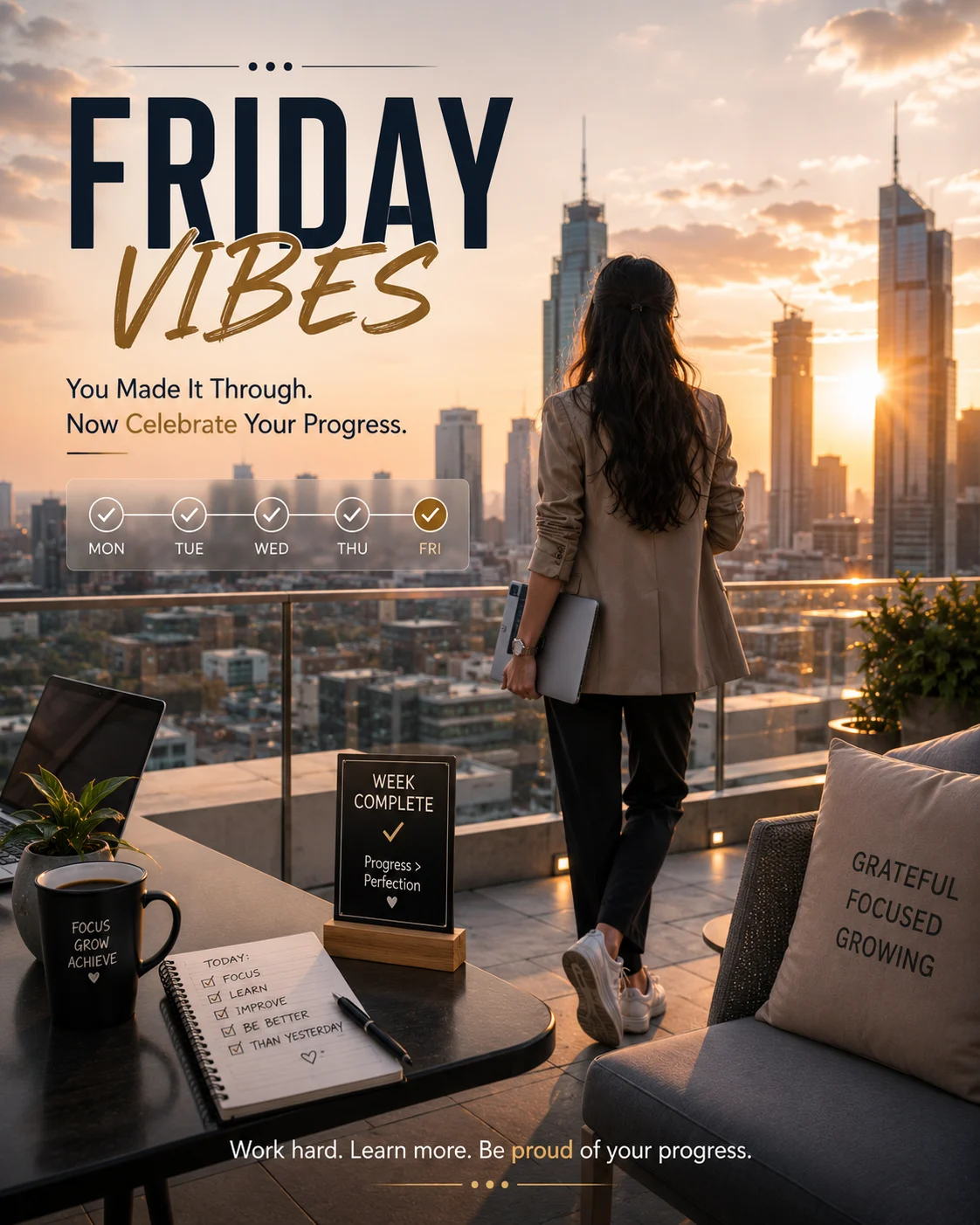 Friday Vibes motivational poster showing a young professional overlooking a city skyline at golden hour.