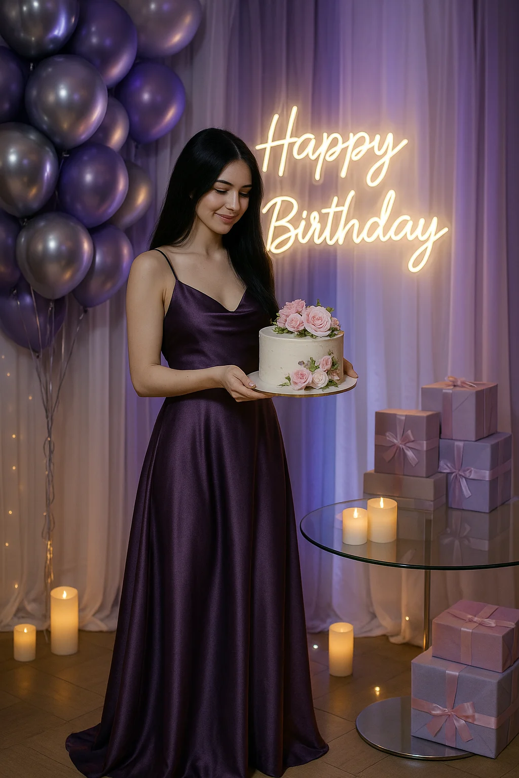 girl in dark lavender silk dress celebrating birthday