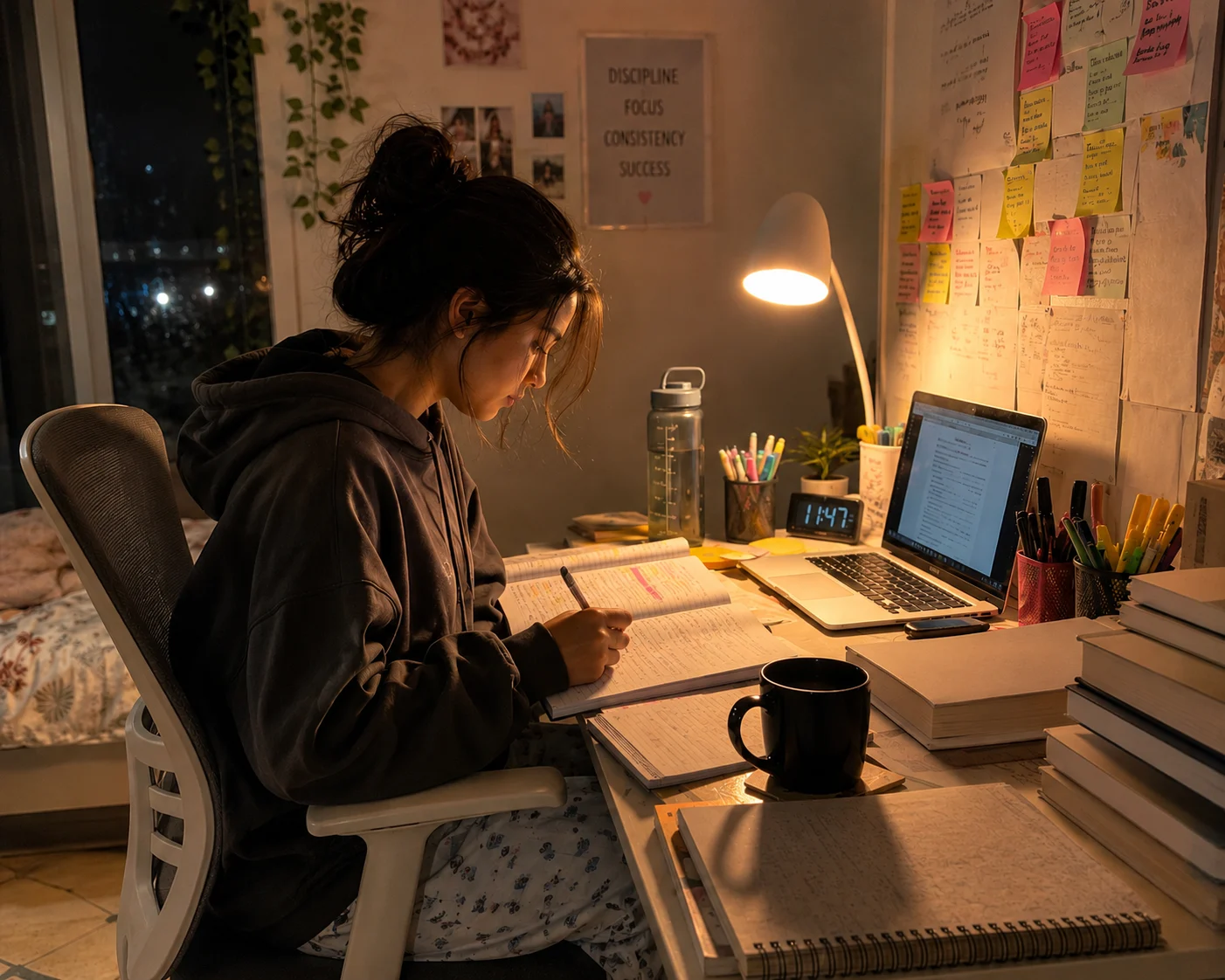 young indian girl studying with books and laptop at a cozy desk during late night board exam preparation