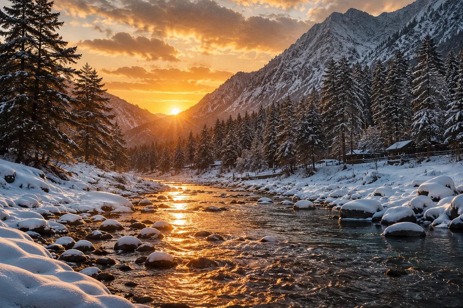 Realistic snowy mountain river landscape during golden hour sunset with pine trees, glowing sunlight reflections, and winter scenery