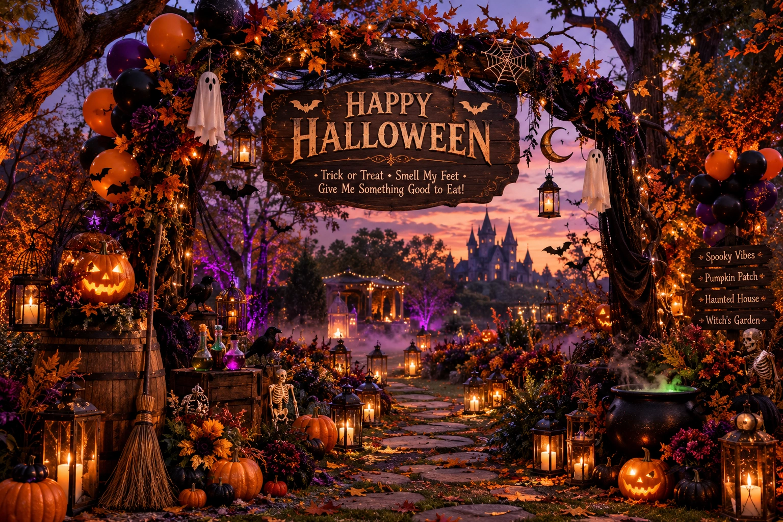 Halloween garden decorations with glowing pumpkins and lanterns