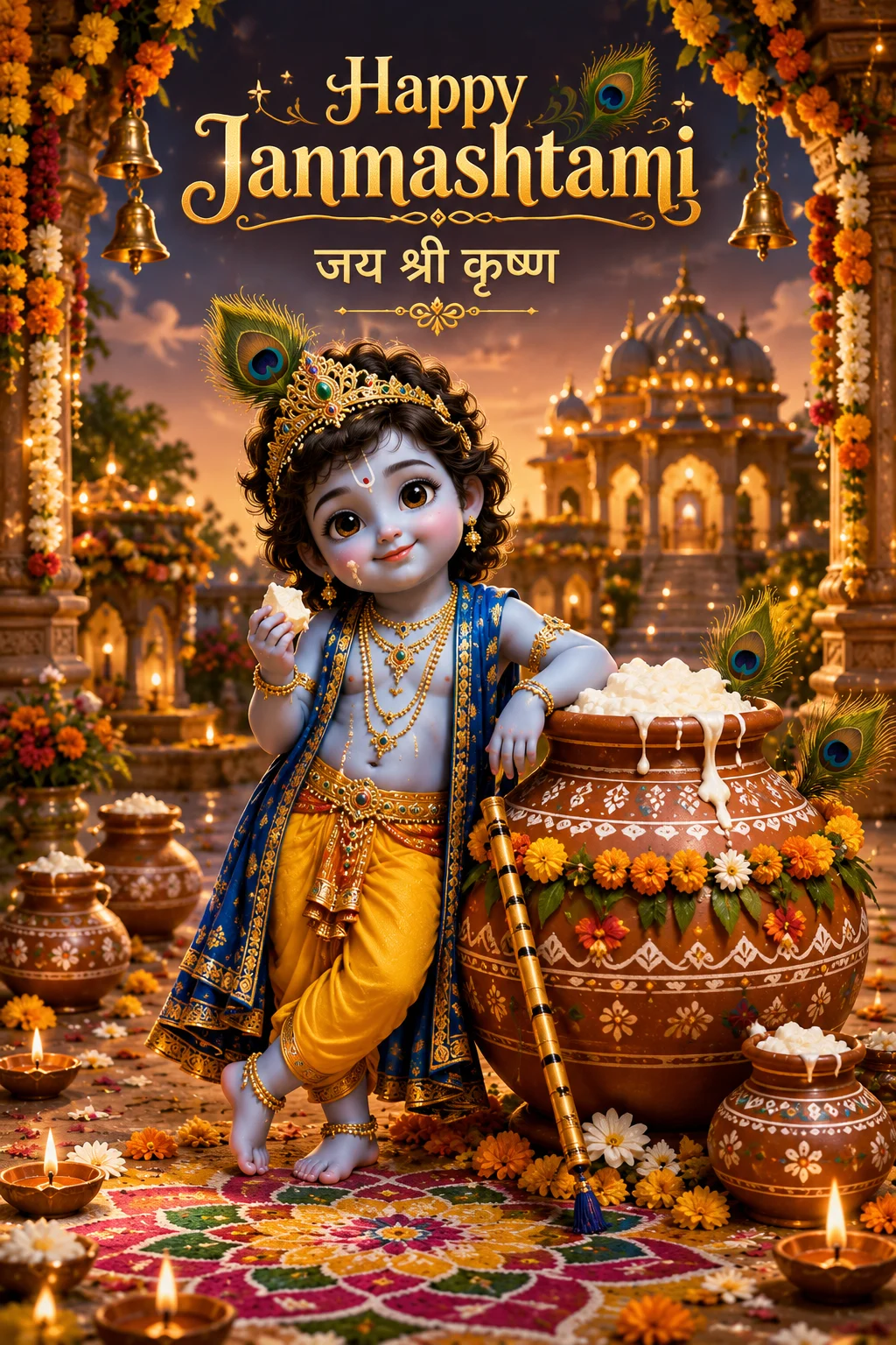 Lord Krishna playing flute during a divine midnight Janmashtami celebration