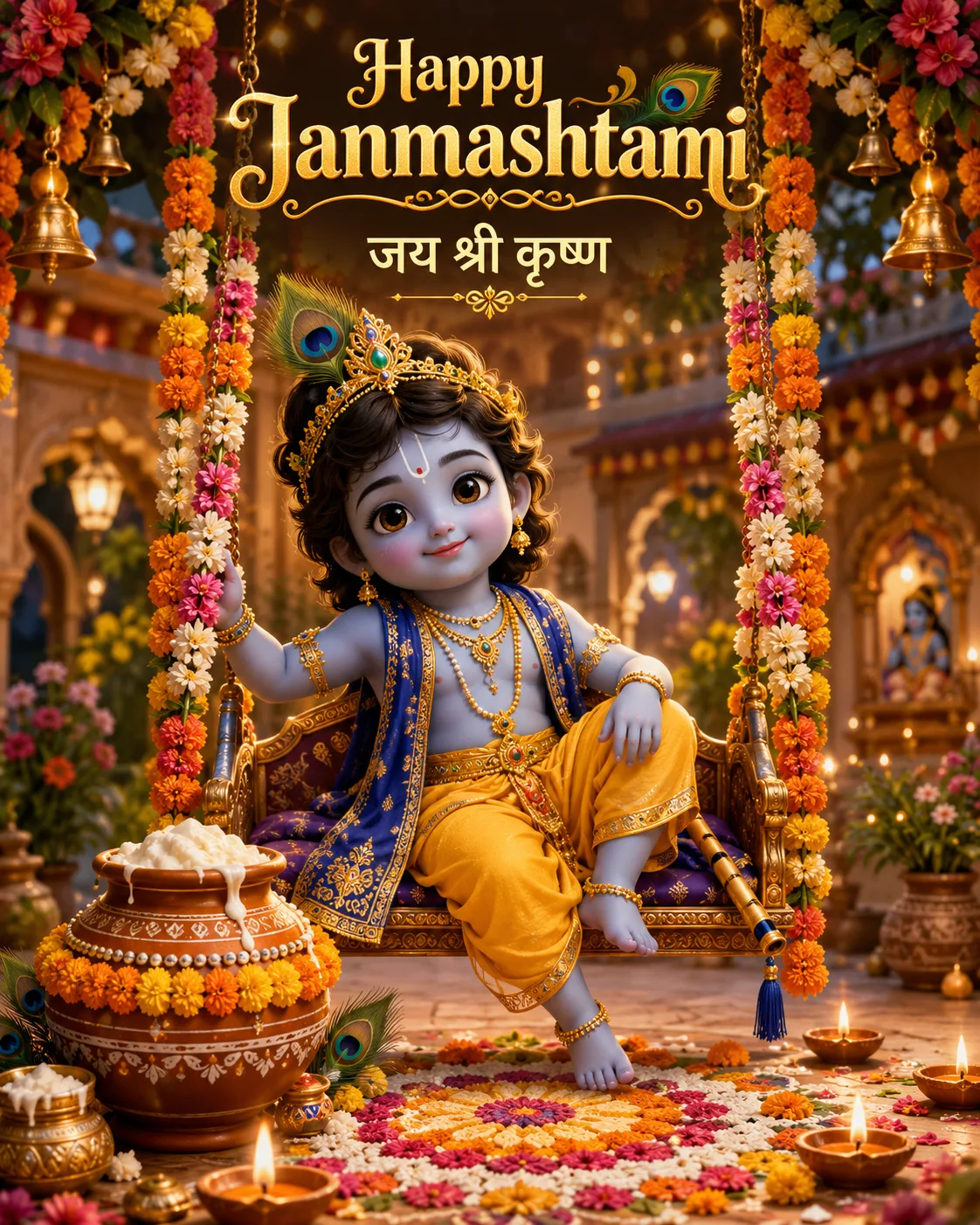 Happy Janmashtami with Lord Krishna on a decorated floral swing