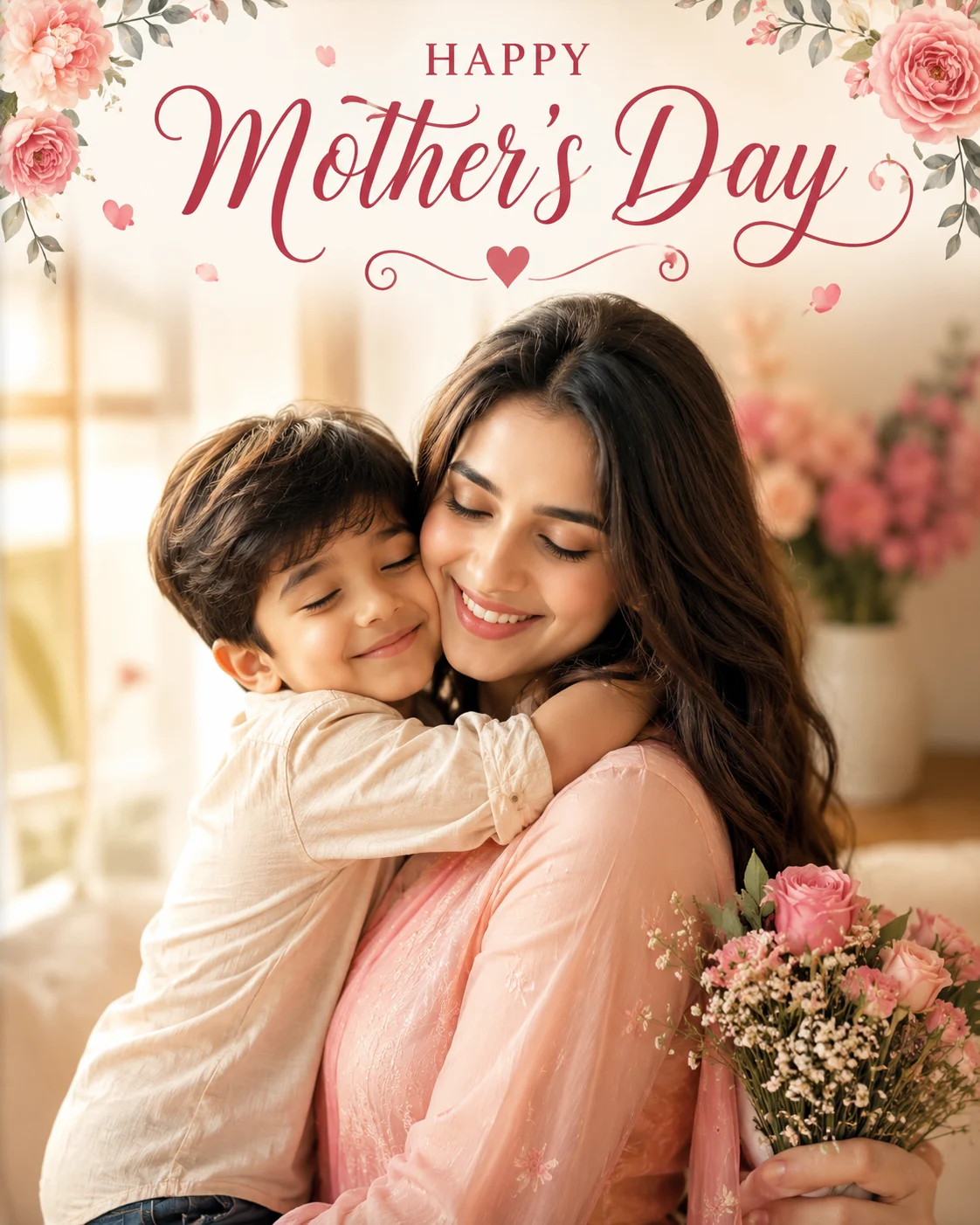Beautiful mother hugging her little son with Happy Mother’s Day greeting and floral background