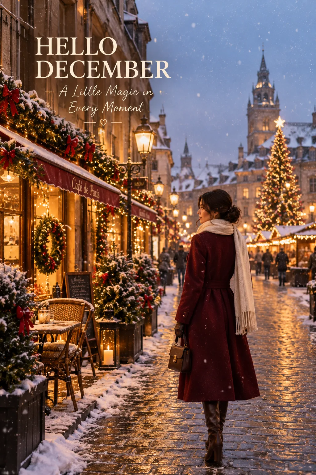 Woman in a burgundy coat on a snowy Christmas street