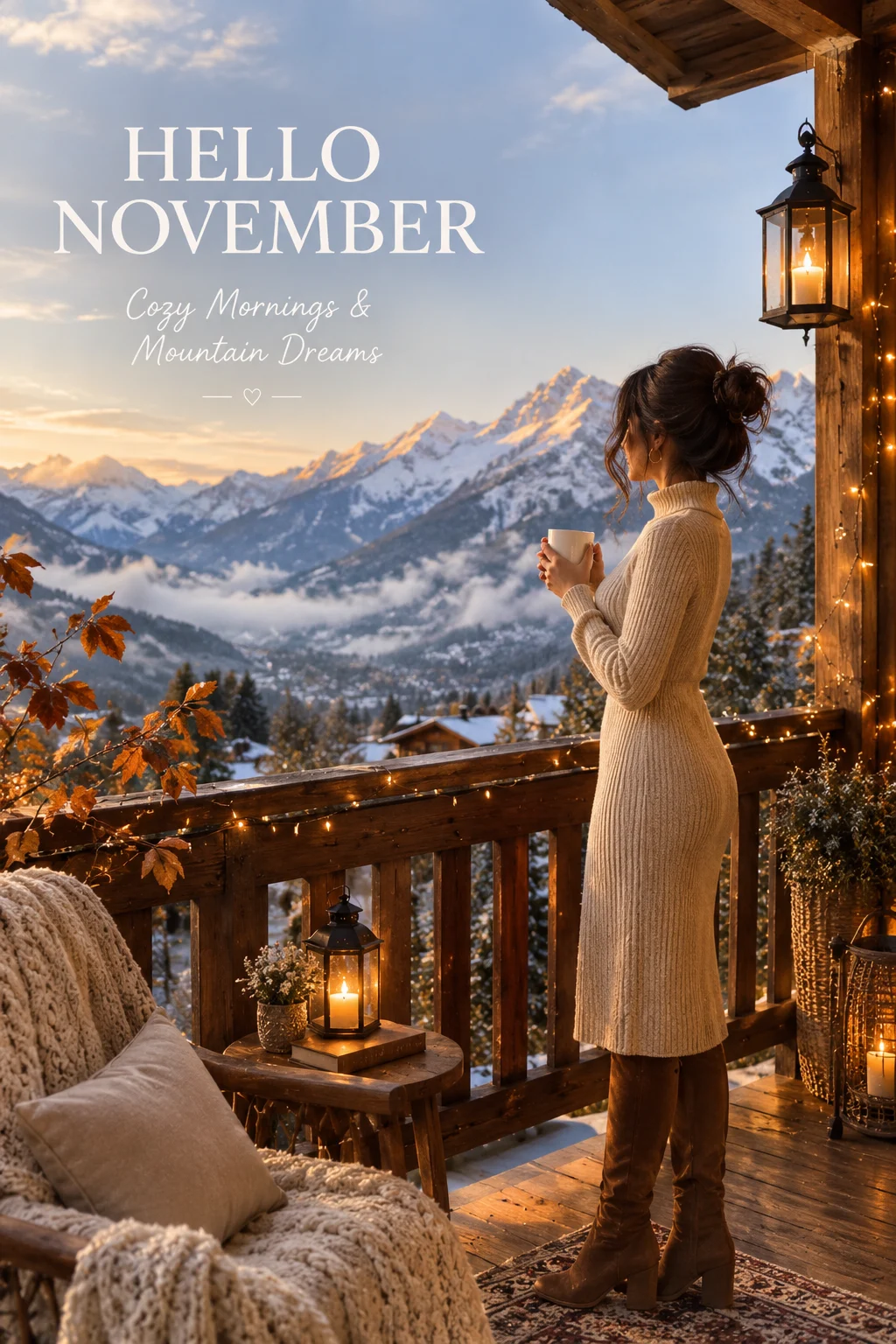 Woman holding coffee on a balcony overlooking snowy mountains