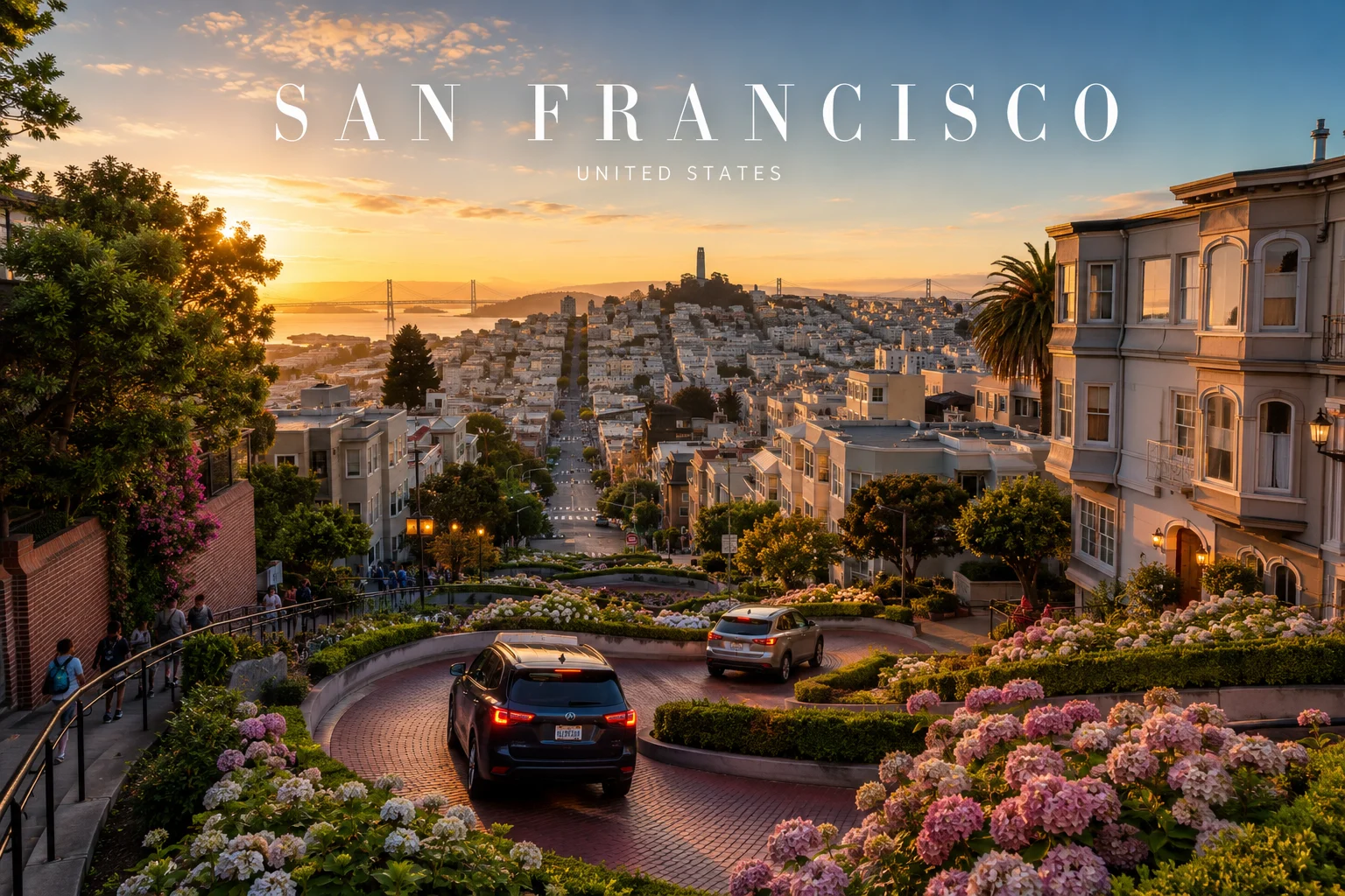 Lombard Street in San Francisco with winding road, colorful hydrangeas, historic homes, cars, and golden-hour city views