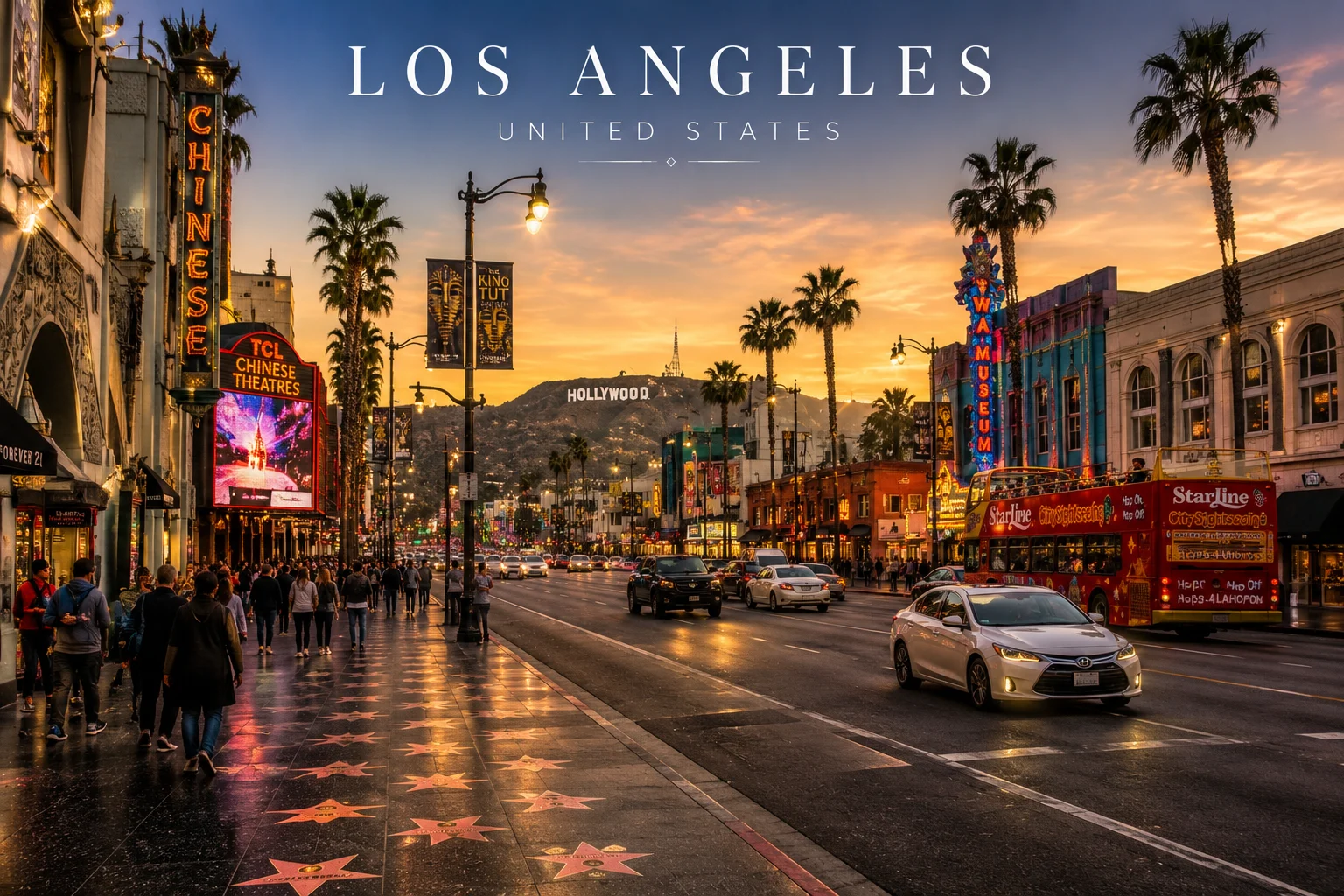 Hollywood Boulevard in Los Angeles at sunset with the Walk of Fame, palm trees, Hollywood sign, and busy city traffic.