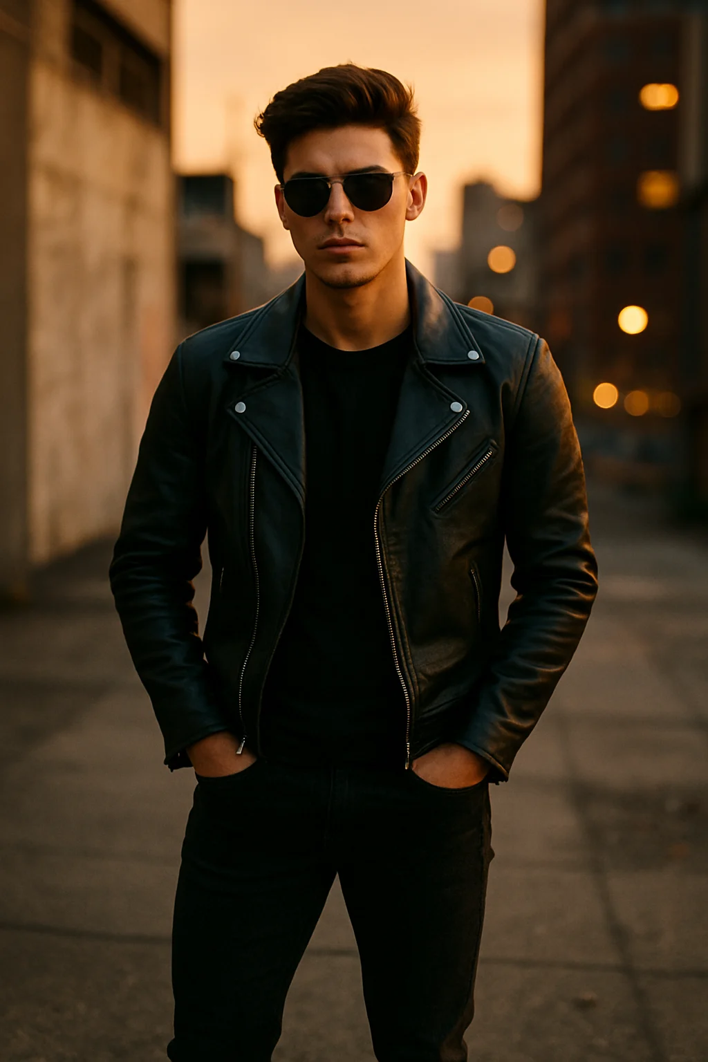 Man wearing a black leather jacket posing with attitude