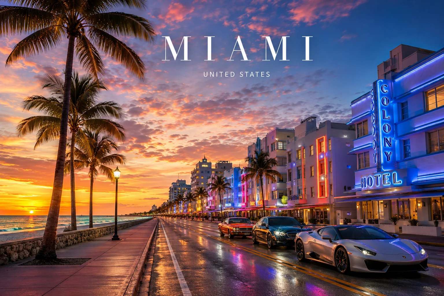 Miami Ocean Drive in South Beach with Art Deco buildings, palm trees, luxury cars, and sunset over the Atlantic Ocean