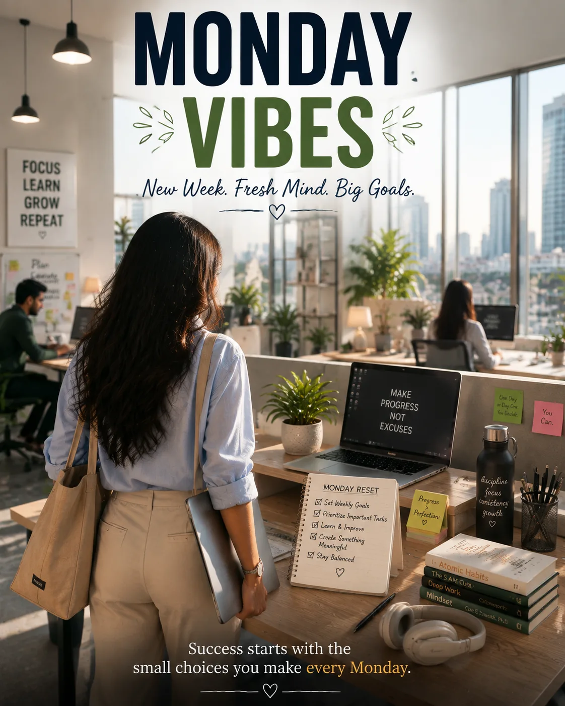 Monday vibes with a cozy workspace, coffee, laptop, and motivational new week message