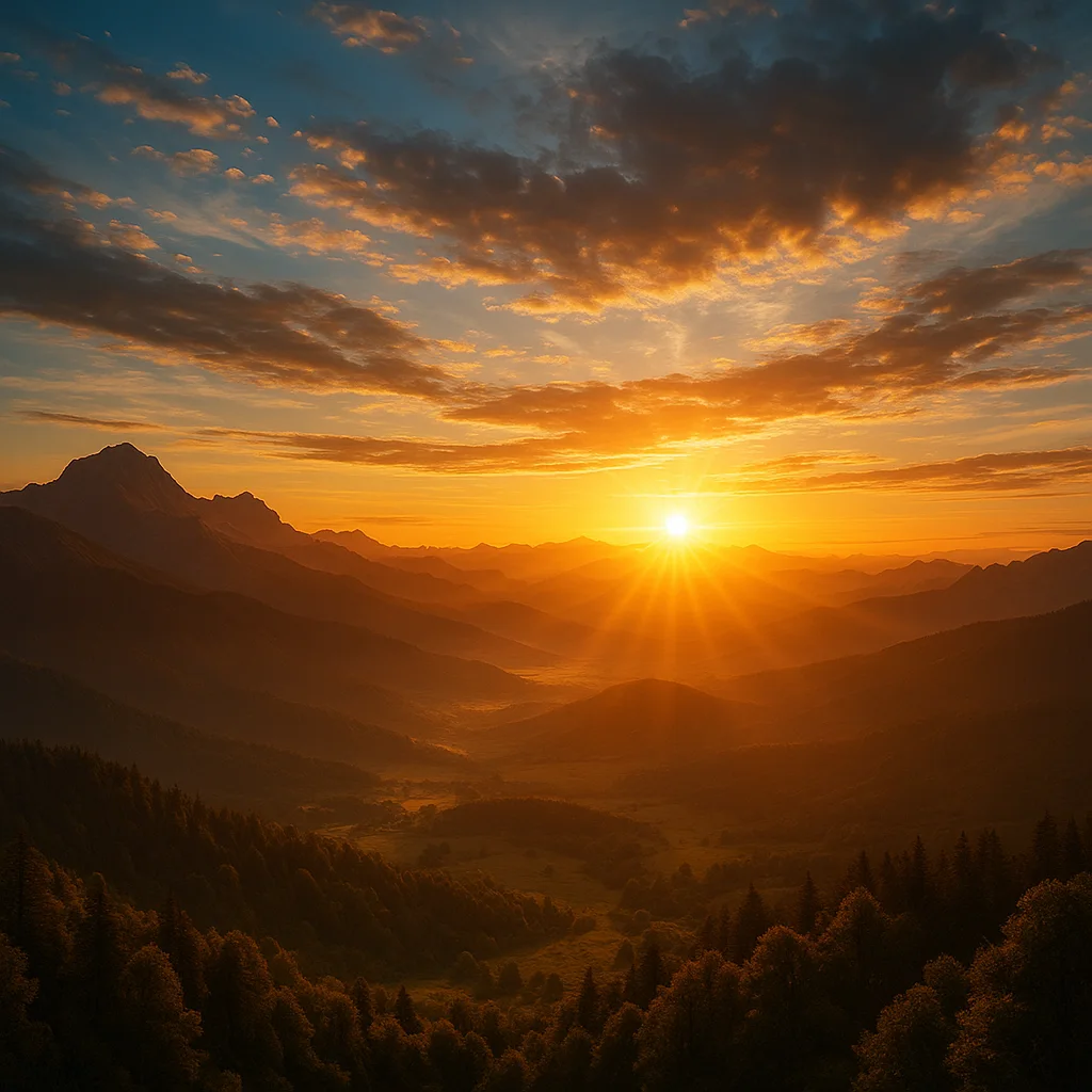 Motivational sunrise over mountains with golden light