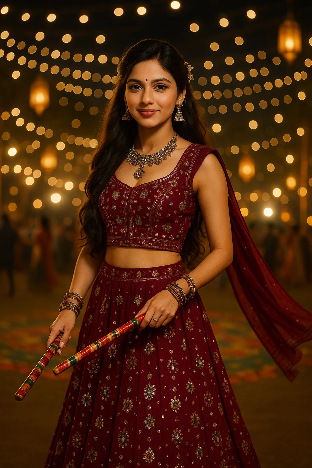 Young Indian girl in a deep maroon chaniya choli at Navratri Garba night, holding dandiya sticks with a soft smile.