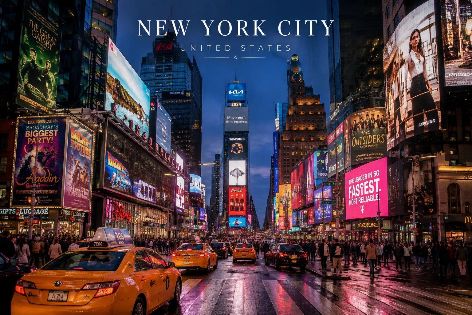 Times Square in New York City at night with bright billboards, yellow taxis, busy streets, and skyscrapers