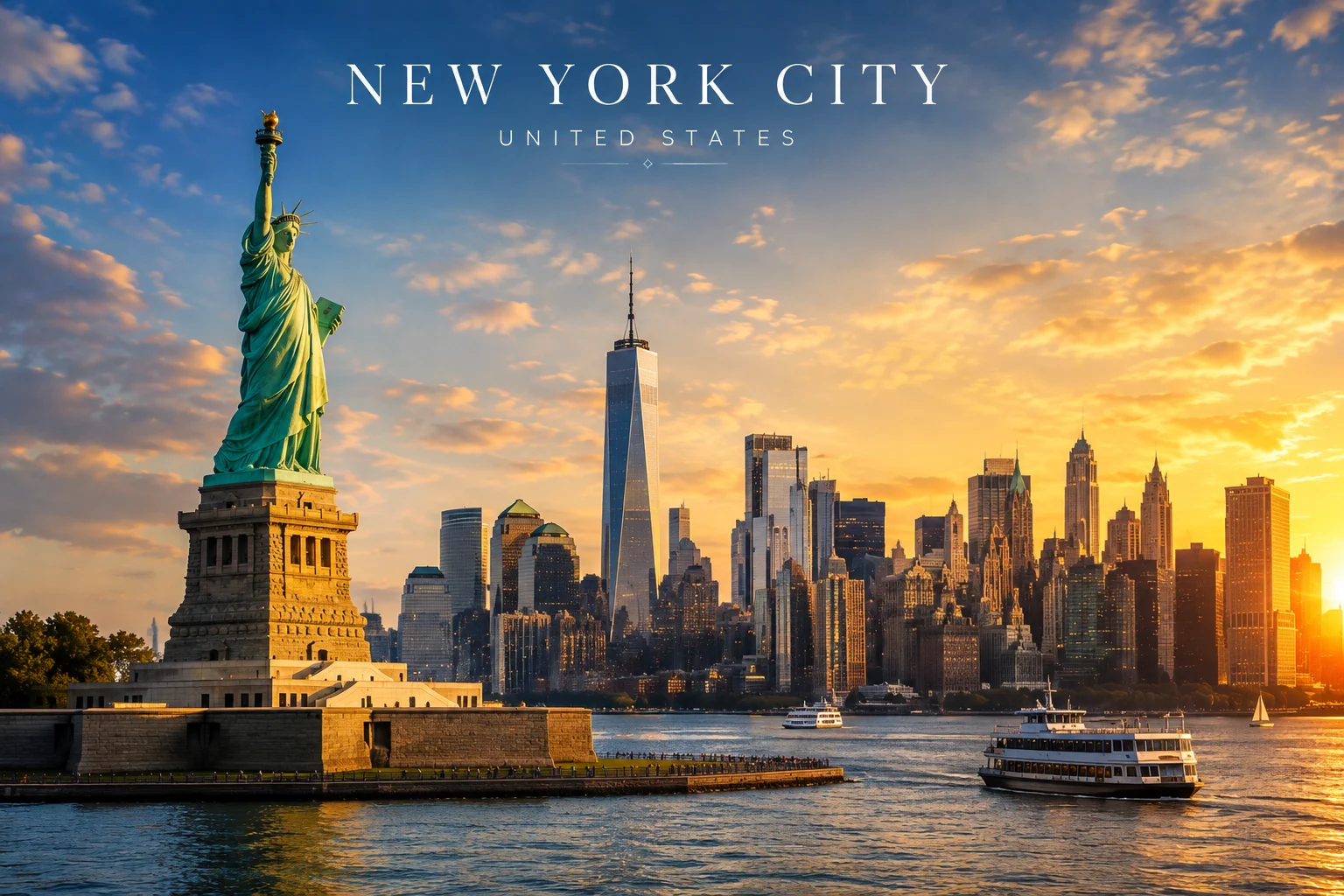 New York City skyline with the Statue of Liberty at sunset, labeled New York City and United States.