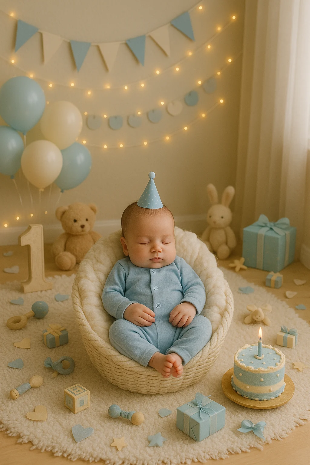 Newborn baby girl on soft pink blanket with plush toys