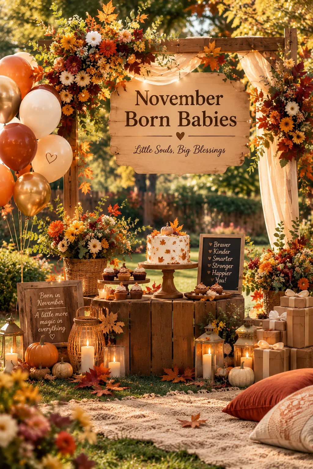 November-born babies birthday setup in an autumn garden