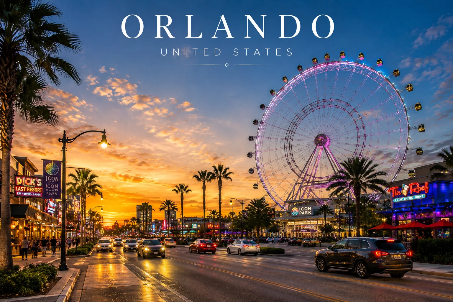 ICON Park and the Orlando observation wheel glowing at sunset along a palm-lined street in Orlando, United States.