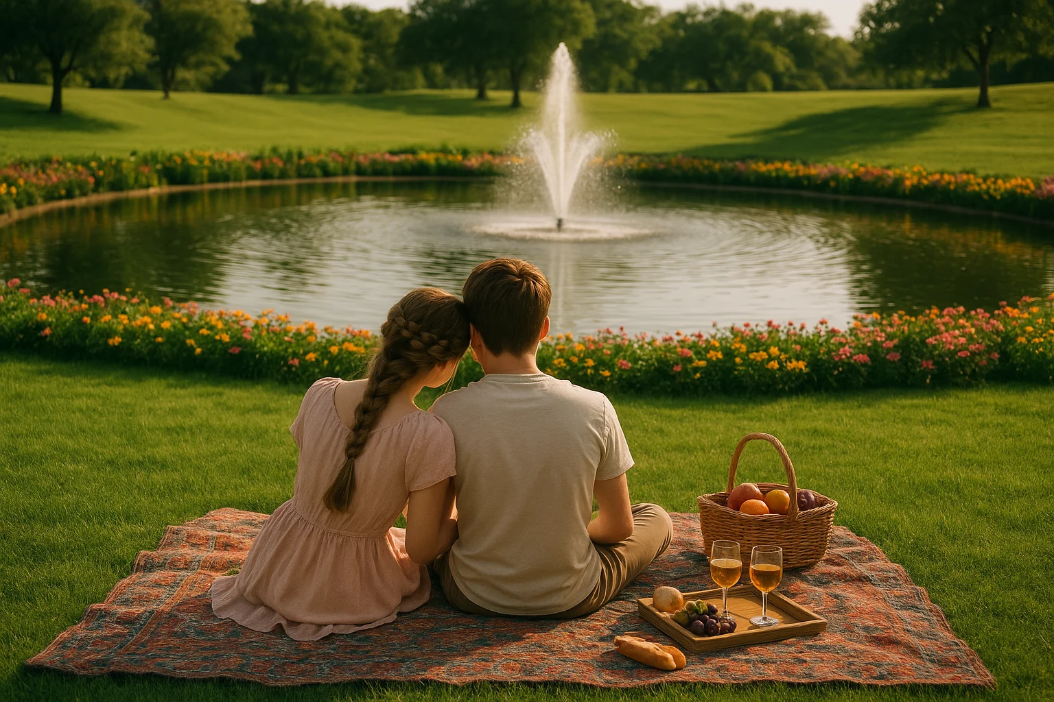 outdoor picnic scene by a pond with a fountain and flowers