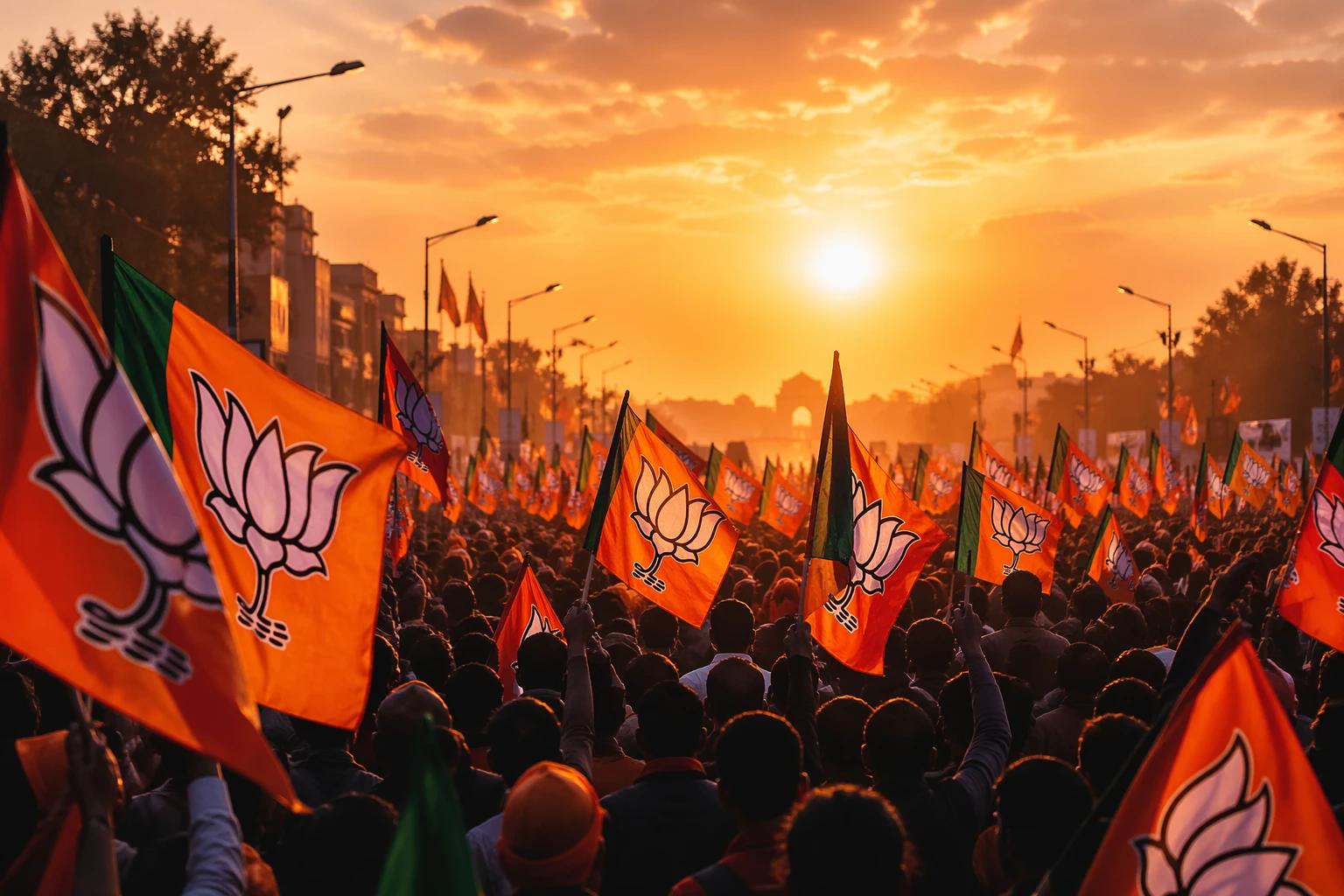 BJP rally crowd holding bjp flags