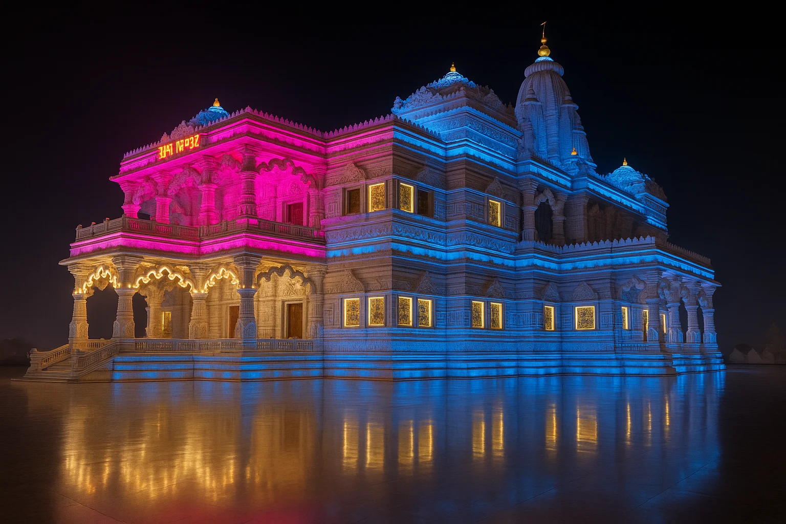 Prem Mandir in Vrindavan illuminated with pink and blue lights at night
