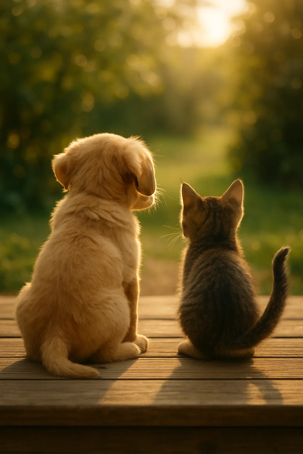 Two kittens sitting on a wooden table looking at garden