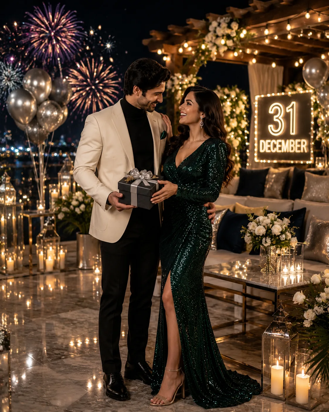 Elegant couple celebrating a year-end party on a rooftop terrace