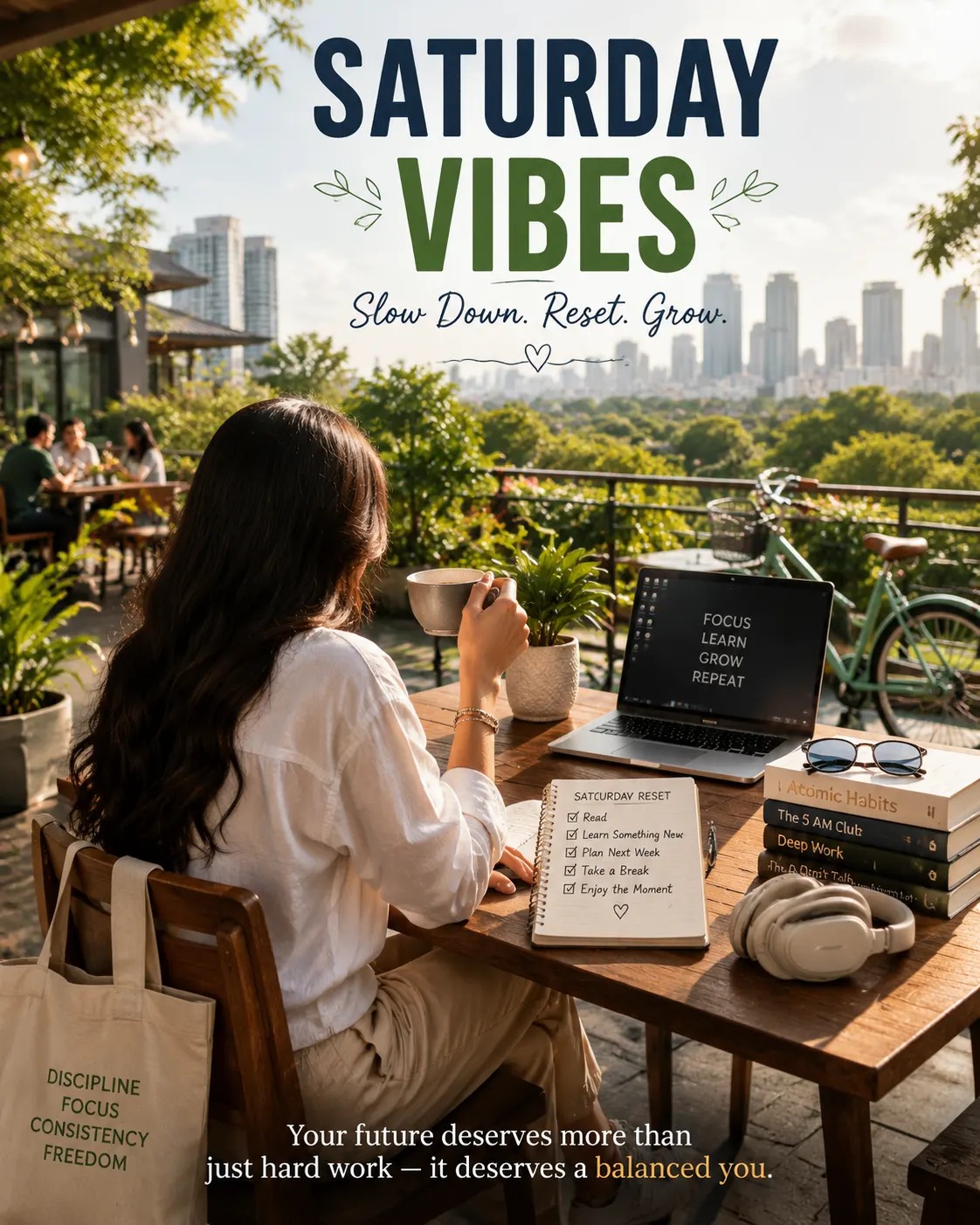 Saturday vibes cafe lifestyle with coffee, learning, and self-growth theme