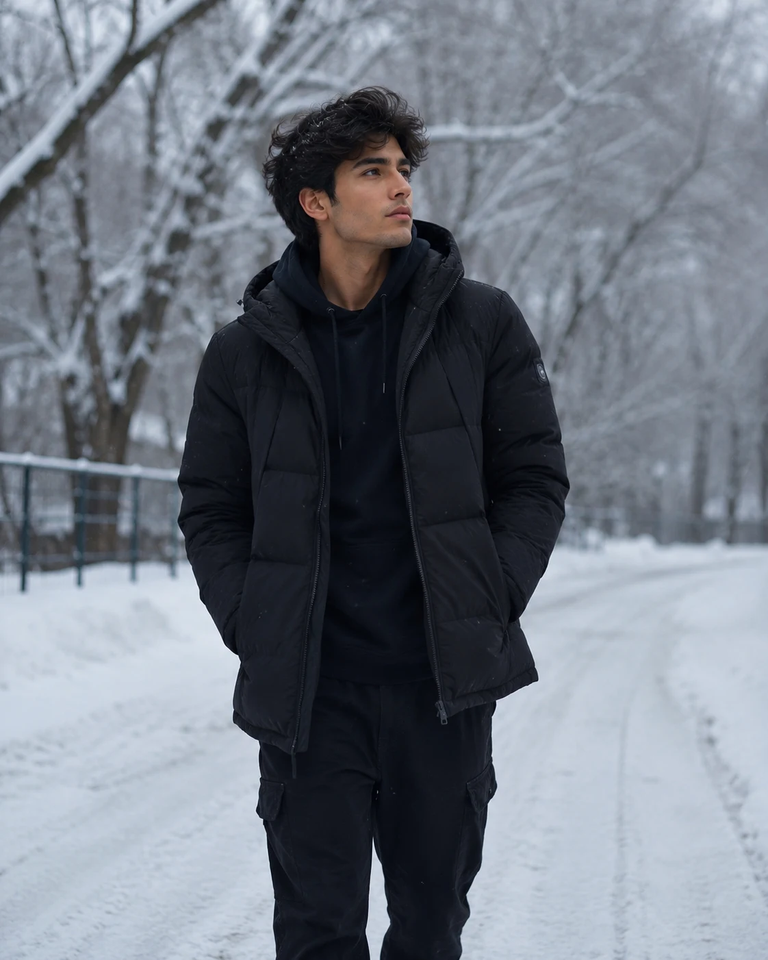 Simple stylish boy posing outdoors in winter wearing a black puffer jacket and hoodie on a snowy road with a calm winter background